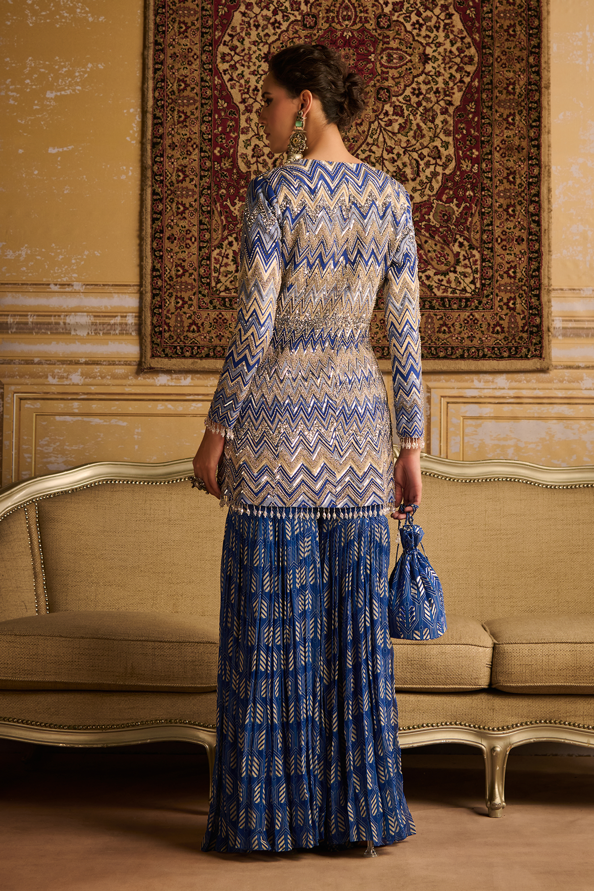 Blue print embroidered jacket and Gharara set