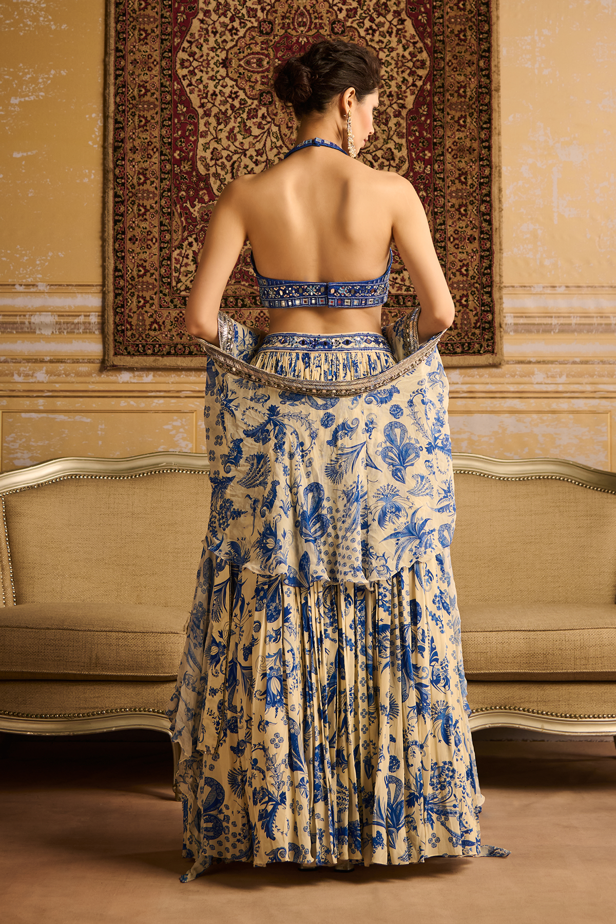 Blue embroidered blouse and  lehenga set