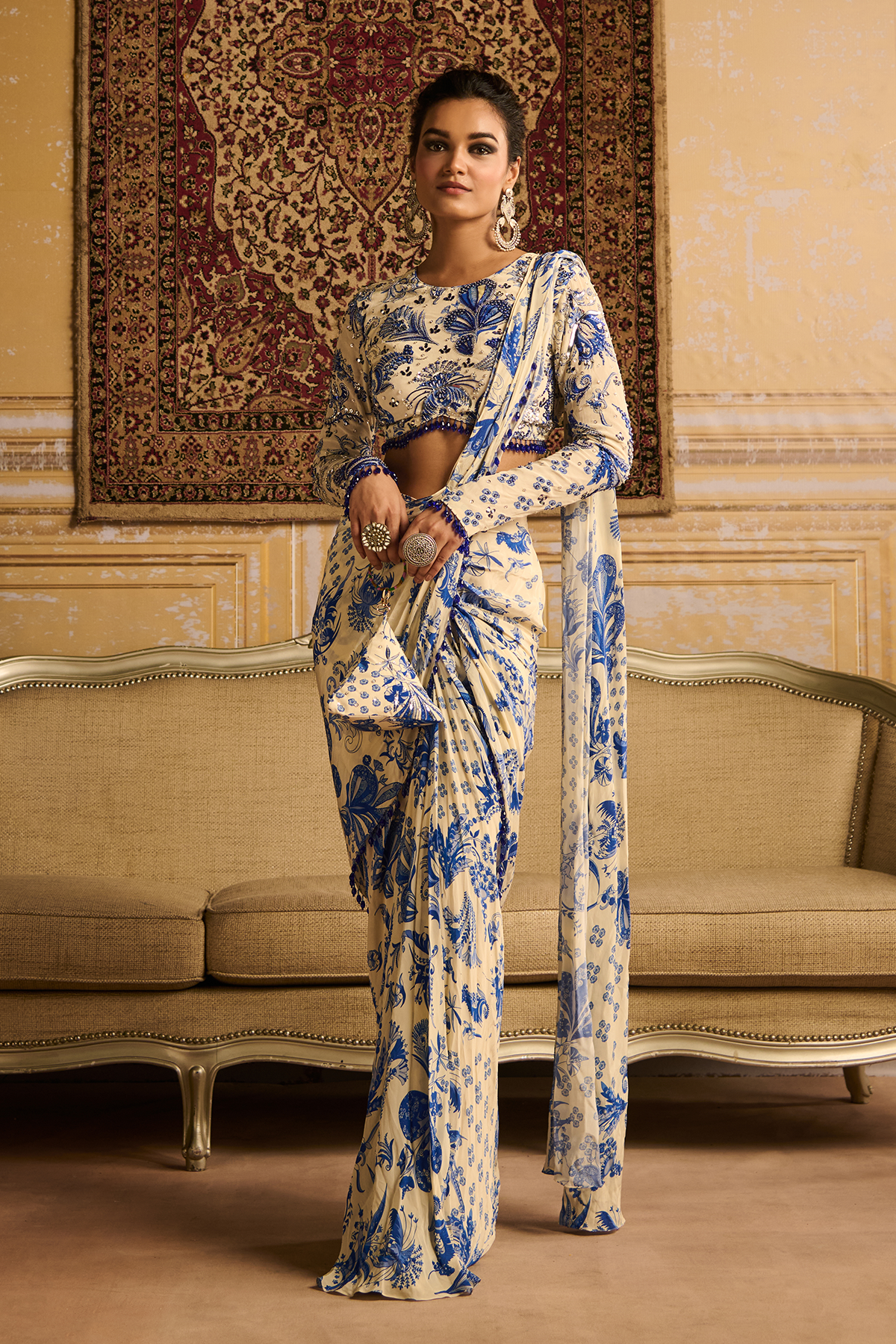 Blue highlighted blouse and  dhoti saree set