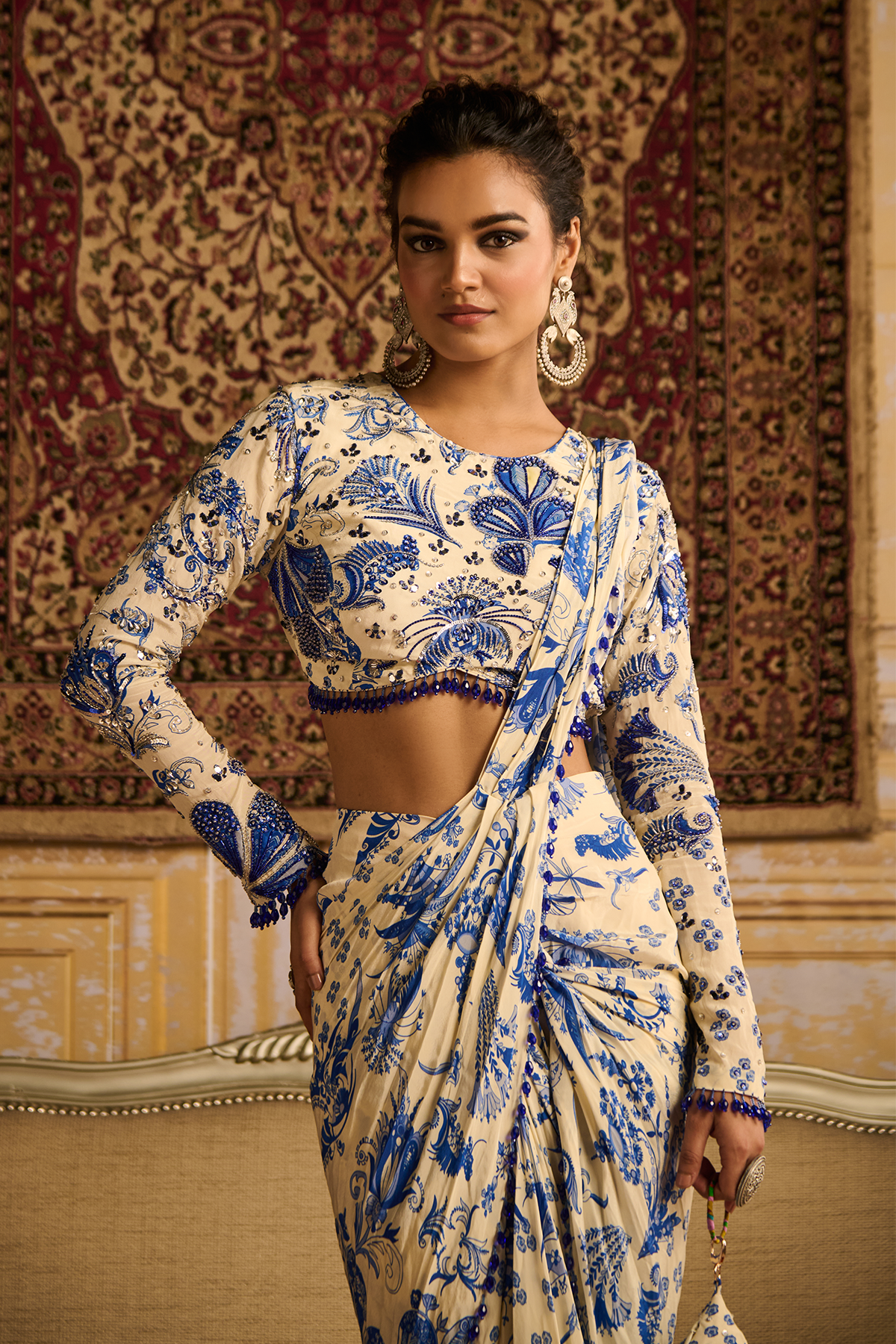 Blue highlighted blouse and  dhoti saree set