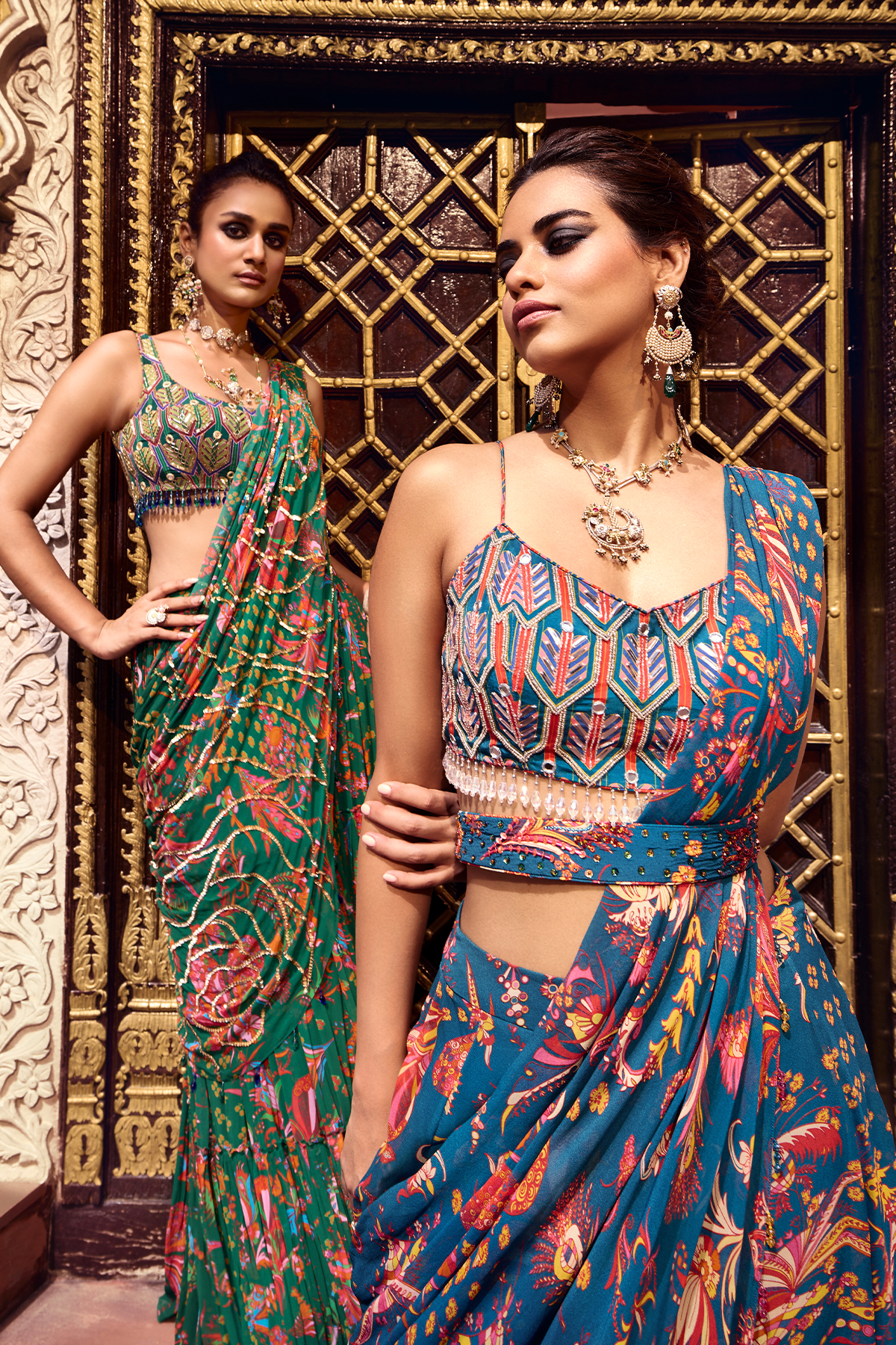 Teal  highlighted blouse and  saree set