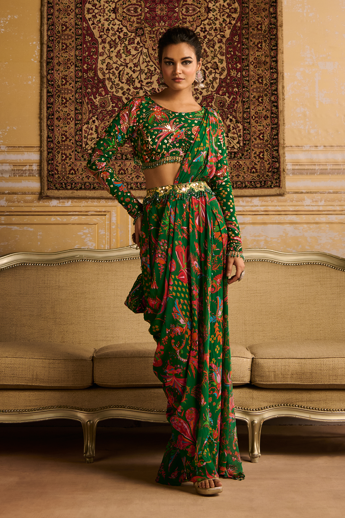 Dark Green embroidered blouse and pant saree set