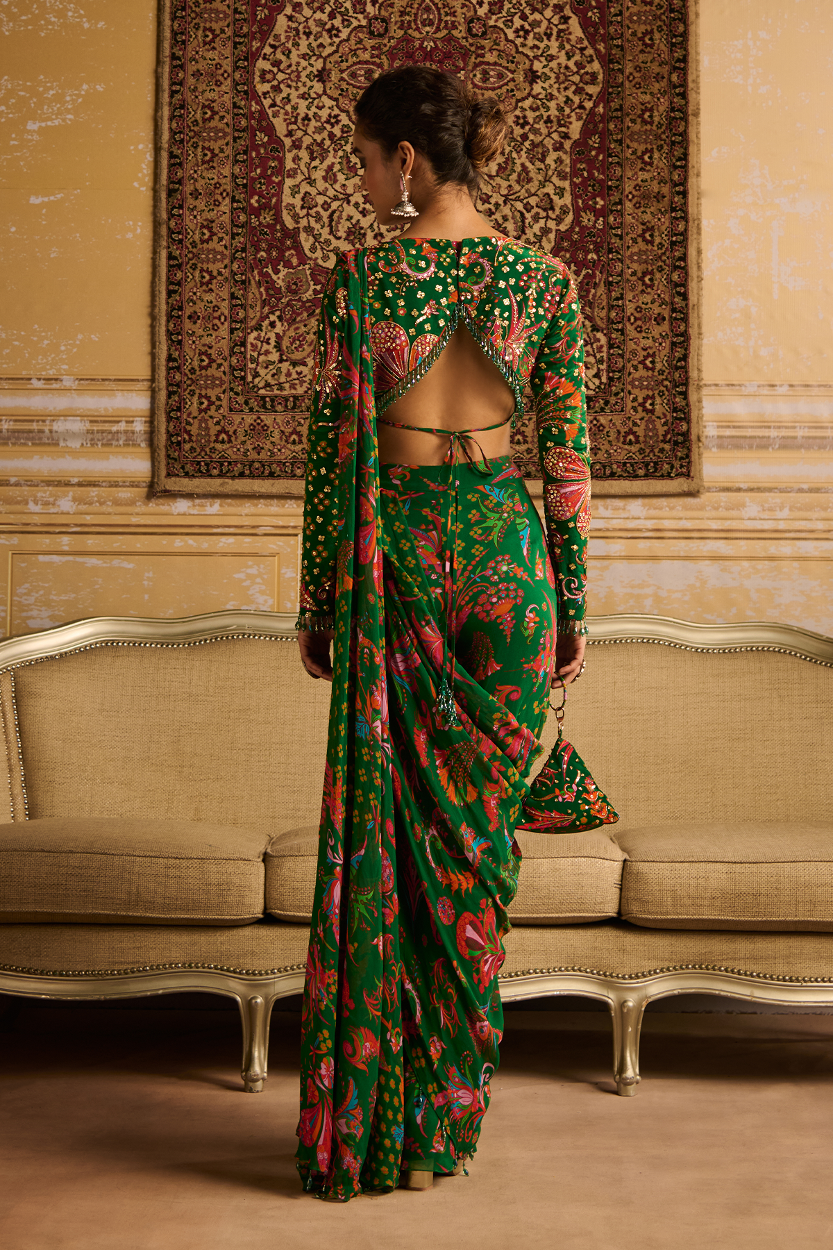 Dark Green embroidered blouse and pant saree set