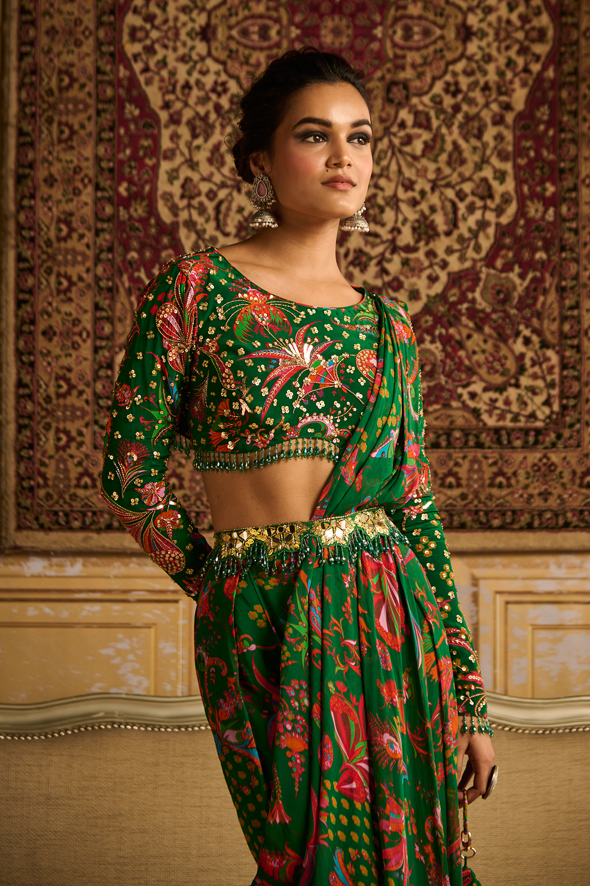 Dark Green embroidered blouse and pant saree set