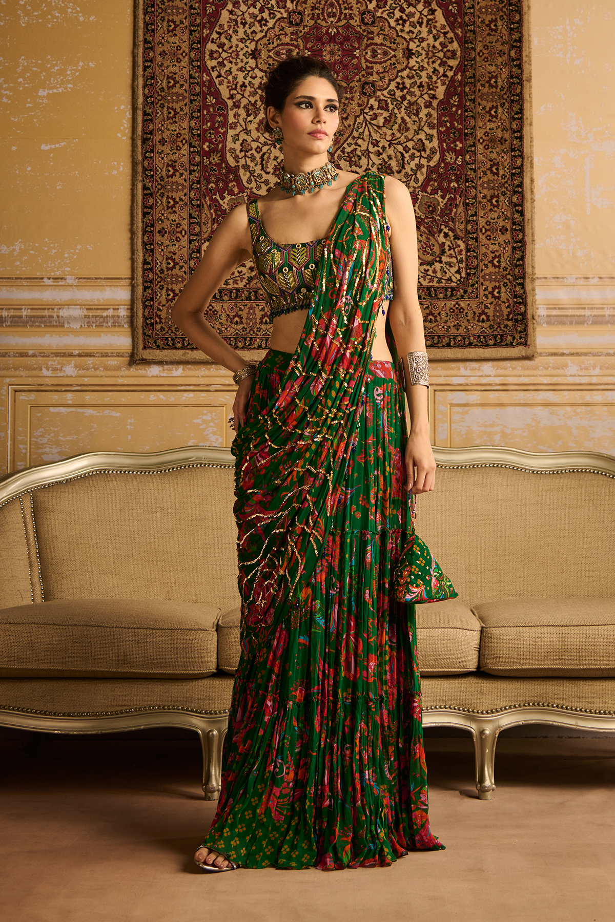 Dark Green highlight blouse and highlighted tiered skirt saree set