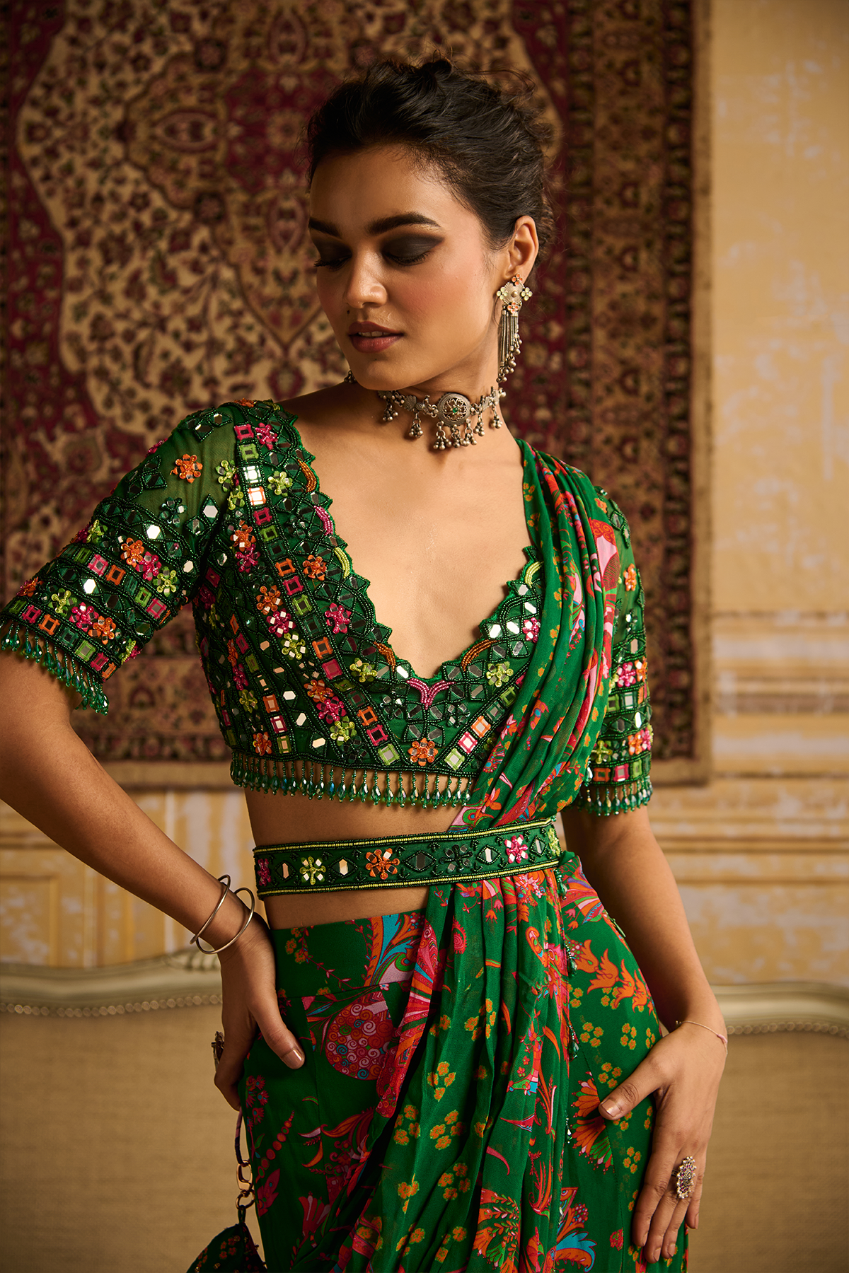 Dark Green embroidered blouse and Mermaid saree set