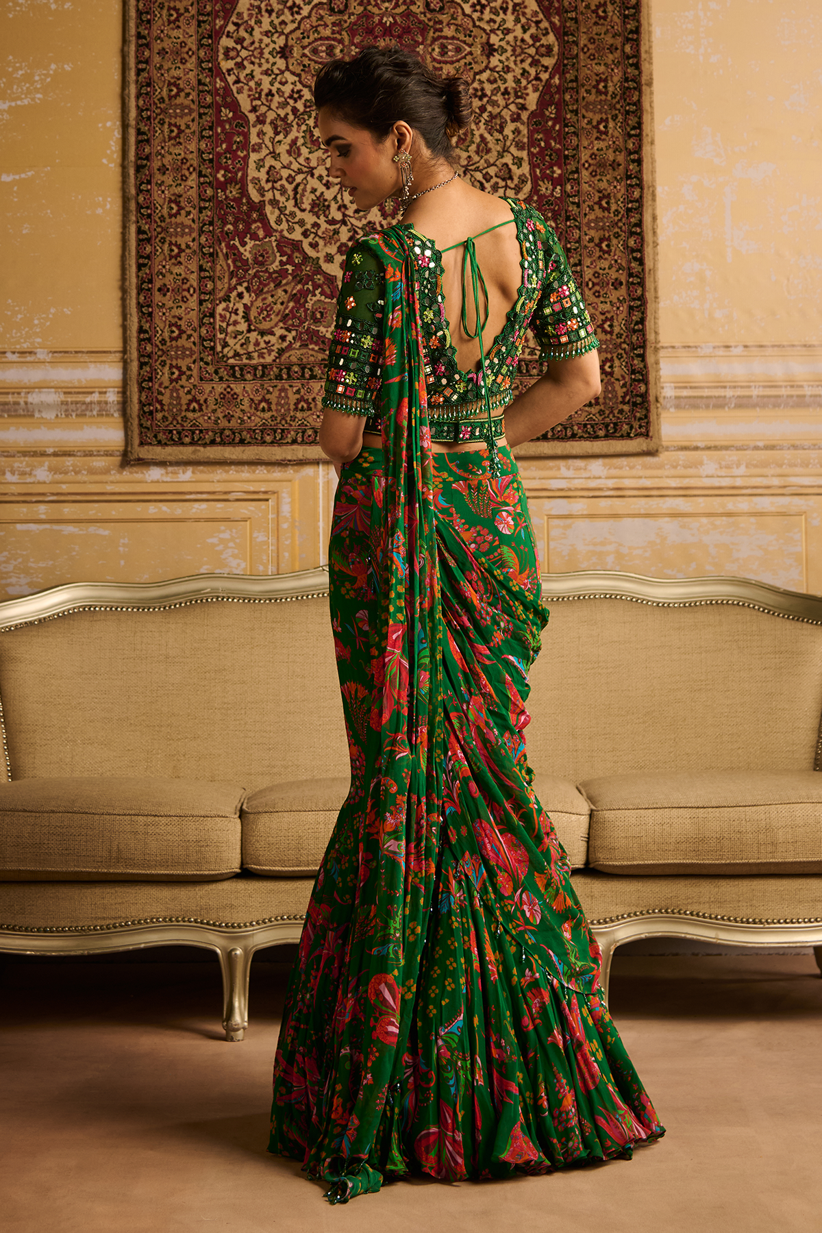 Dark Green embroidered blouse and Mermaid saree set