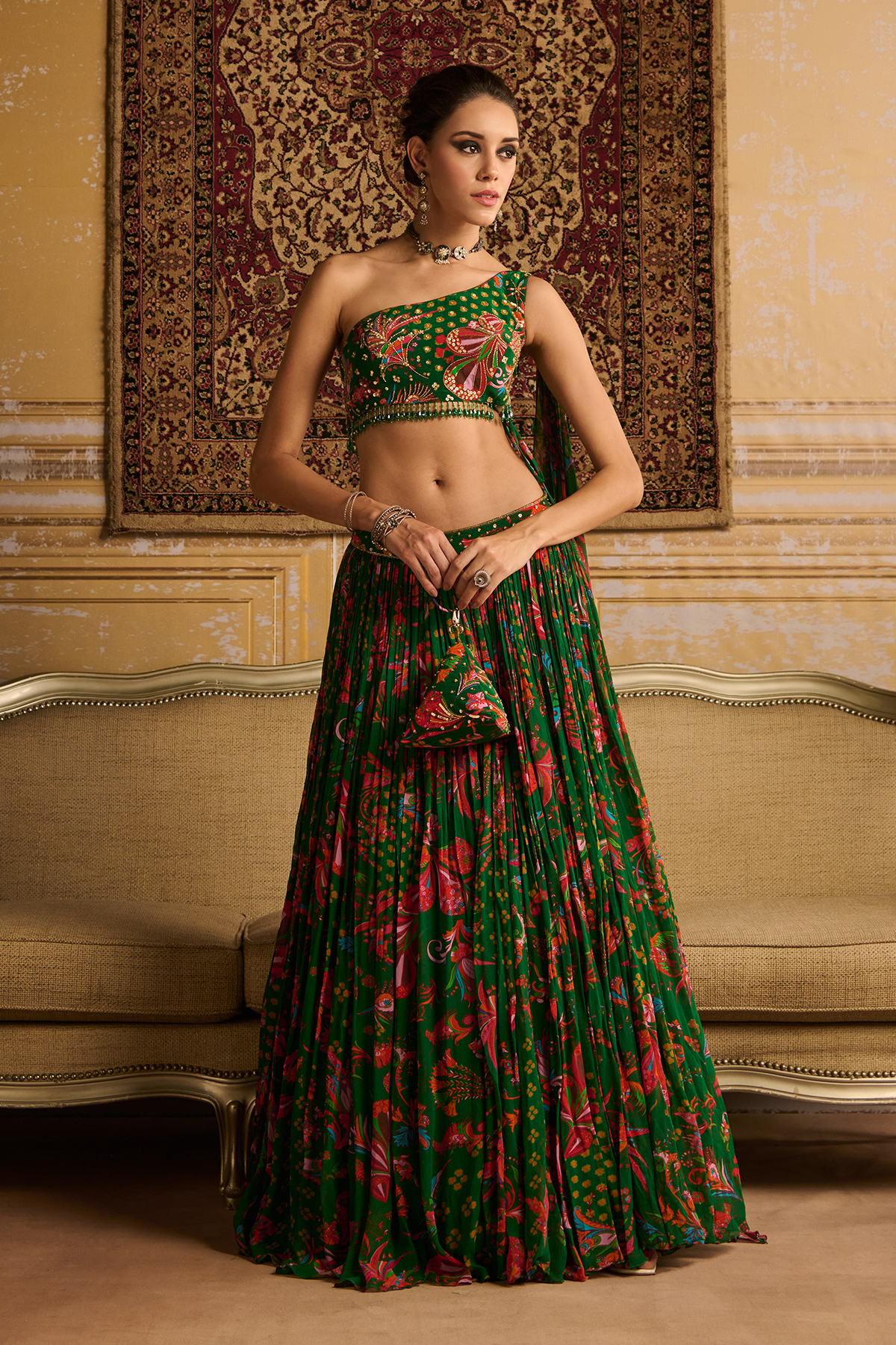 Dark Green embroidered blouse and Lehenga set