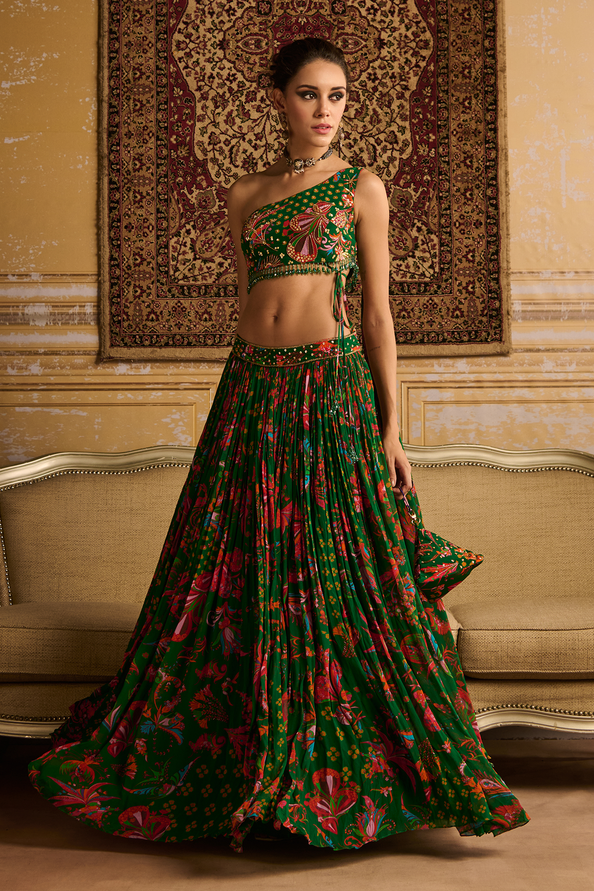 Dark Green embroidered blouse and Lehenga set