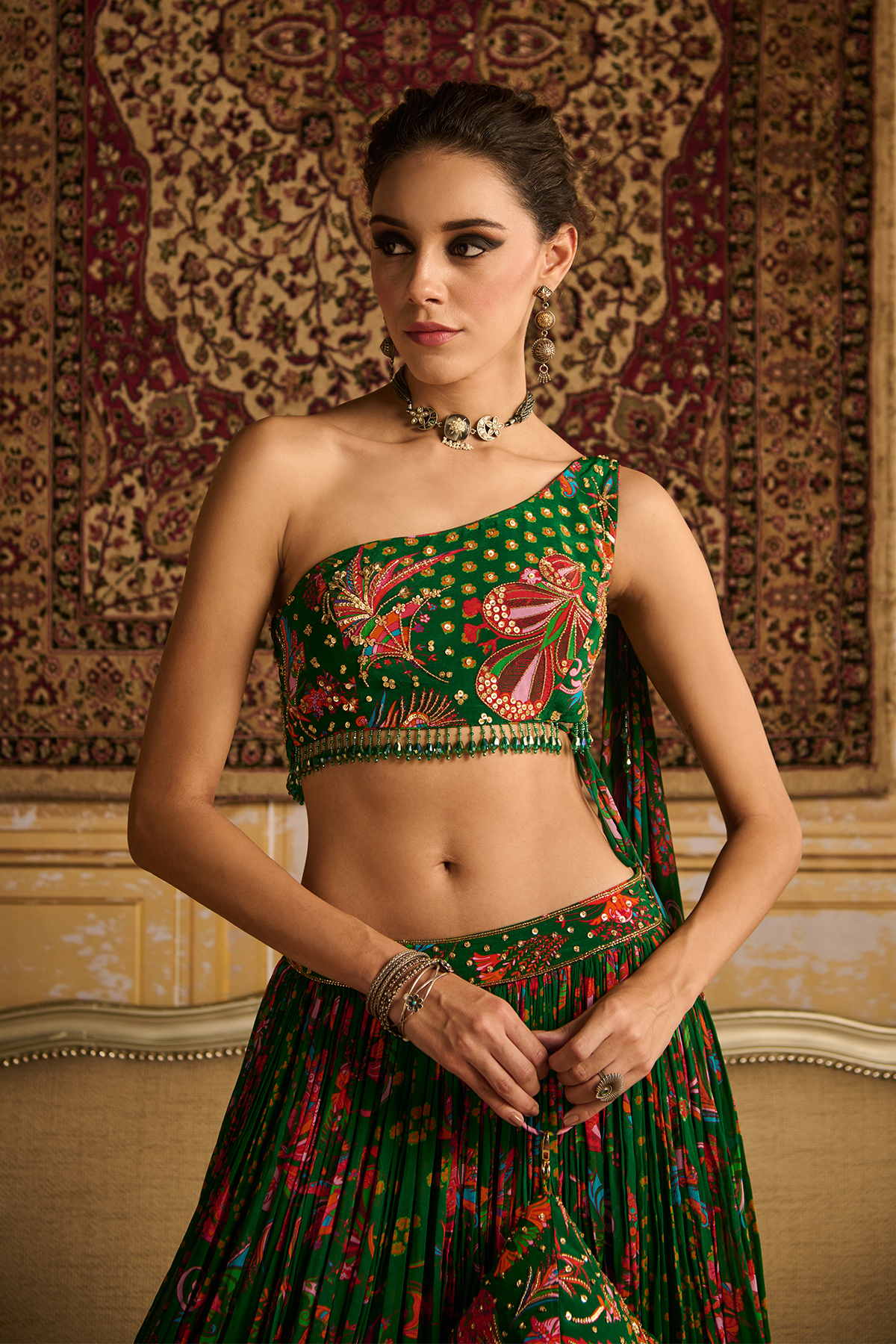 Dark Green embroidered blouse and Lehenga set