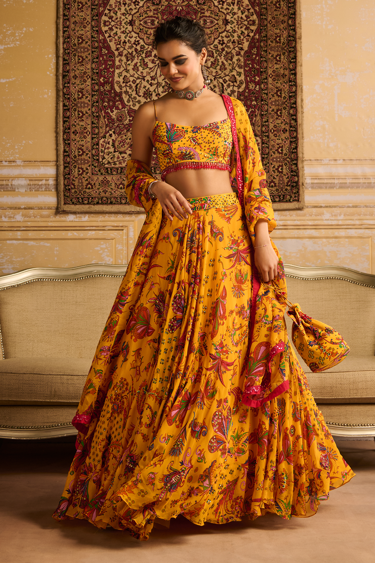 Yellow highlighted blouse and  highlighted lehenga set