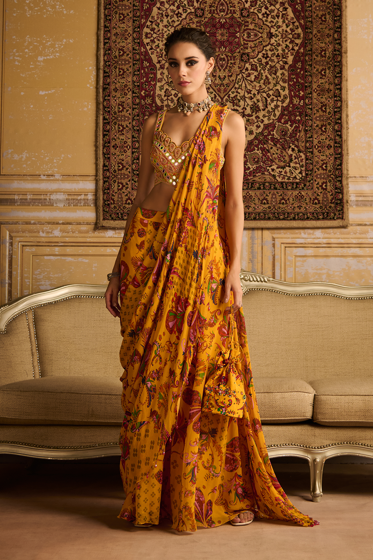 Yellow embroidered blouse and  sharara saree set