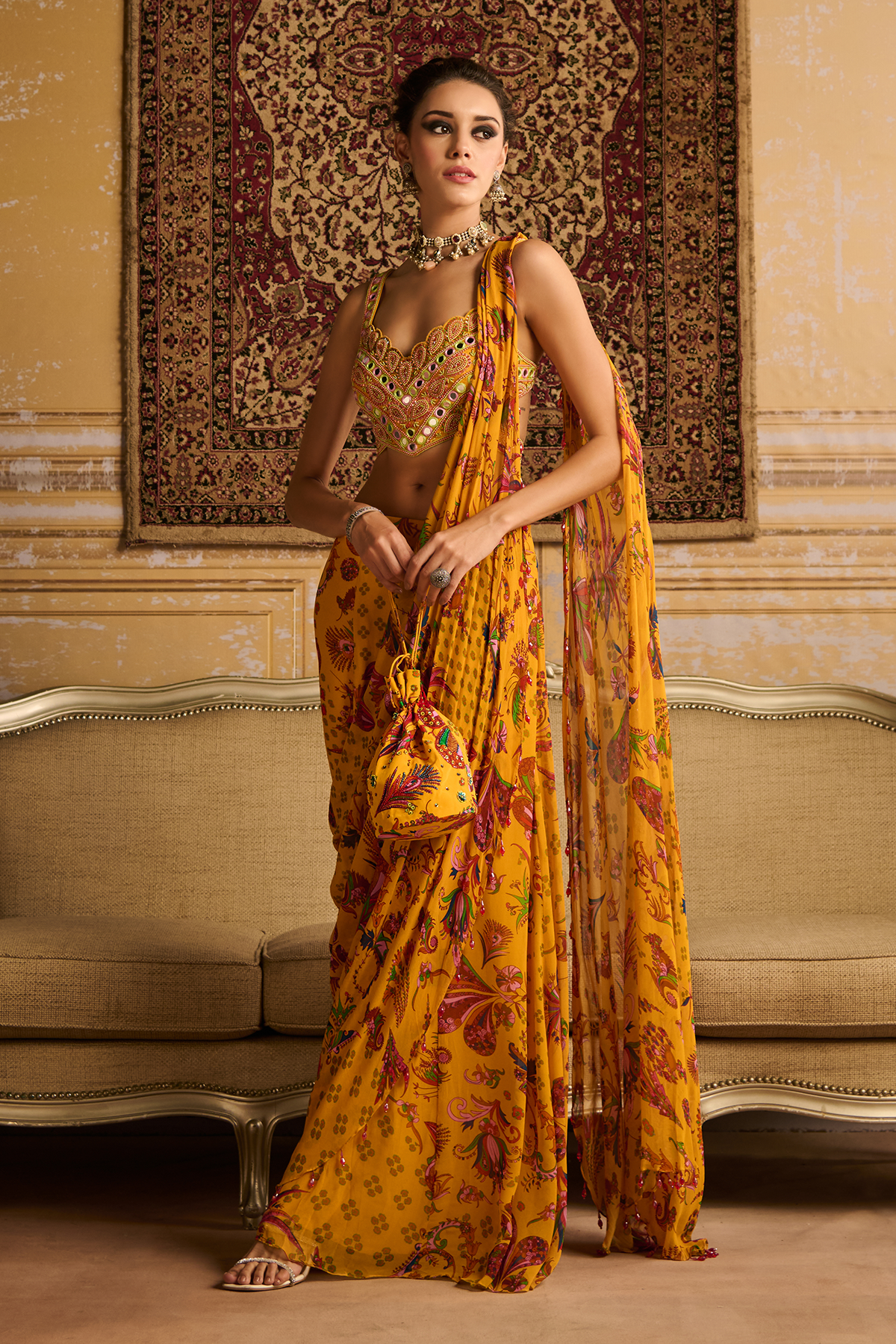 Yellow embroidered blouse and  sharara saree set