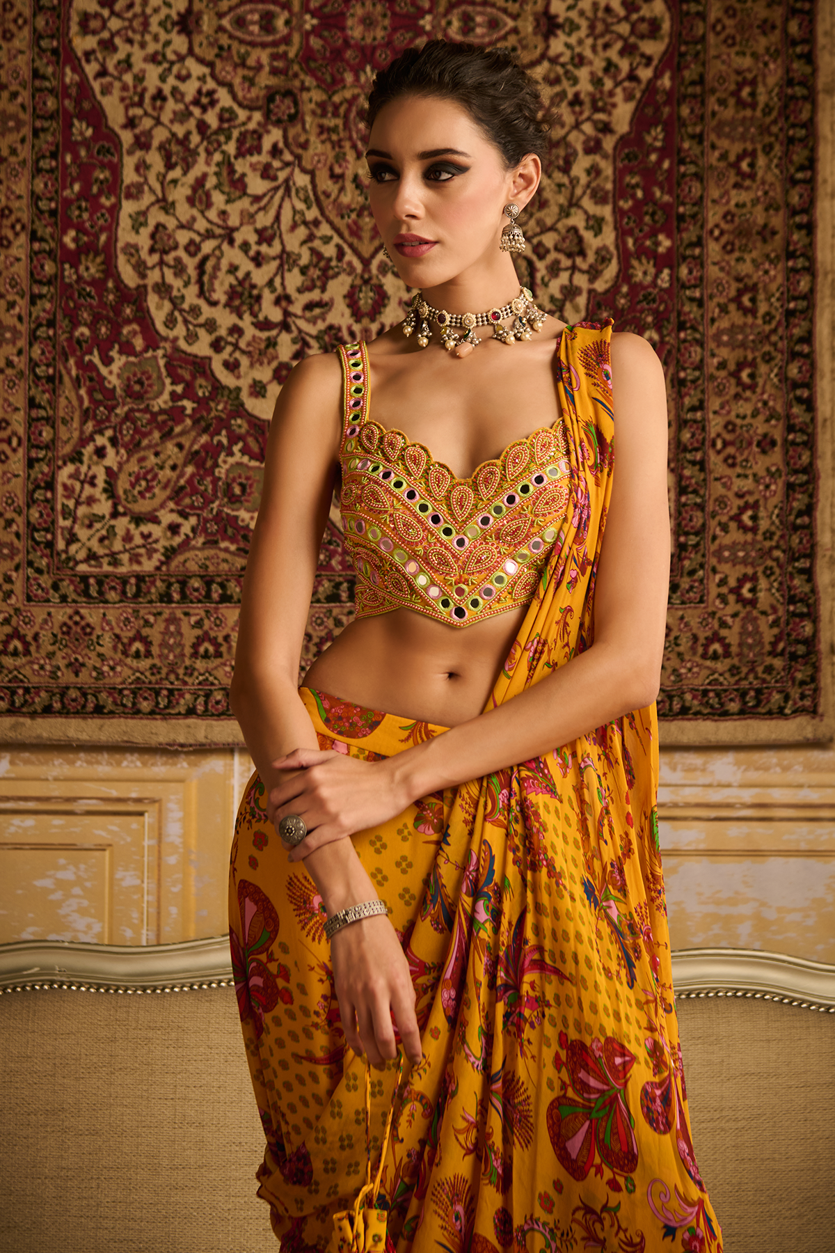 Yellow embroidered blouse and  sharara saree set