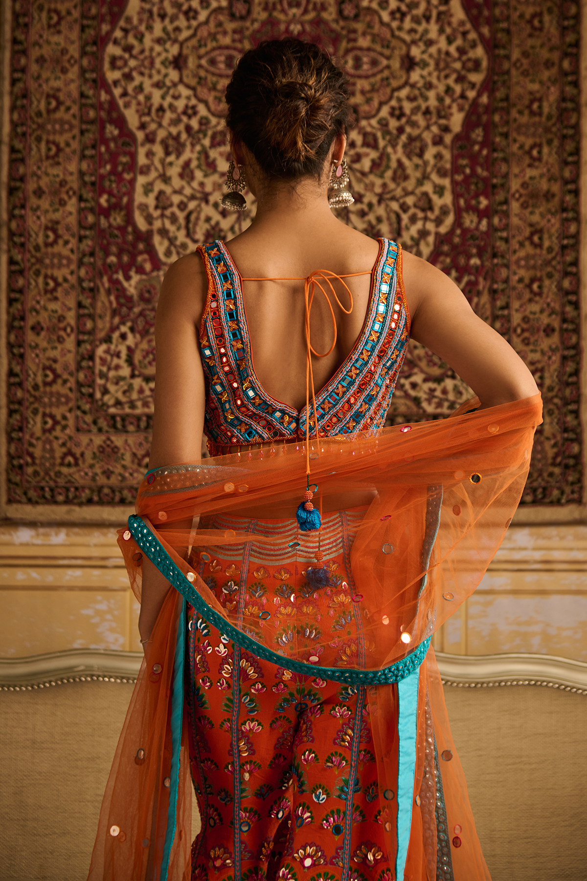 Orange embroidered blouse and  Sharara set