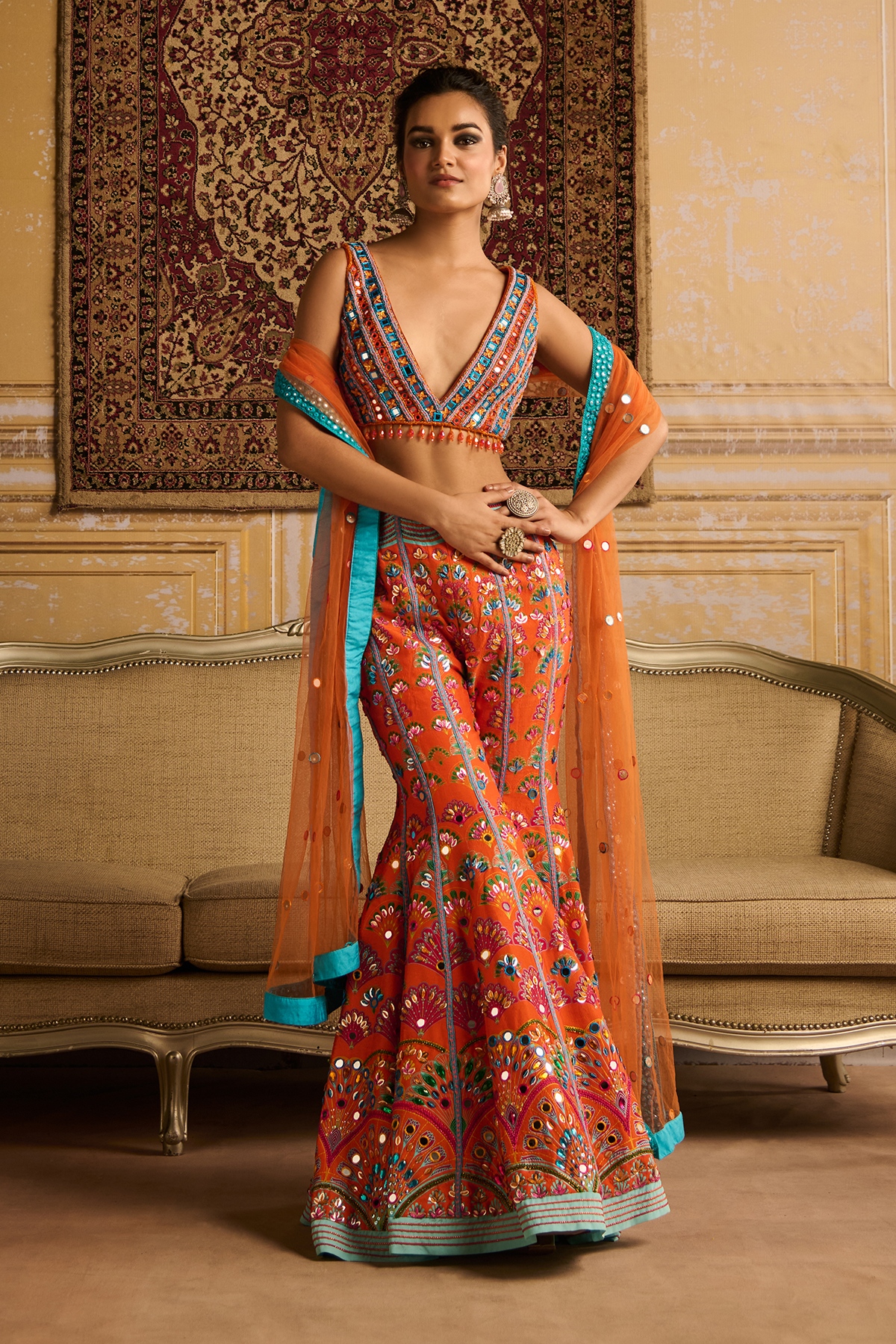 Orange embroidered blouse and  Sharara set