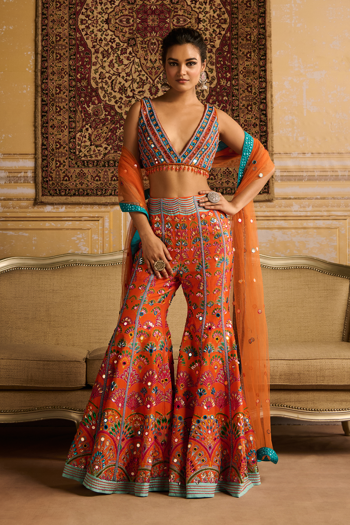 Orange embroidered blouse and  Sharara set