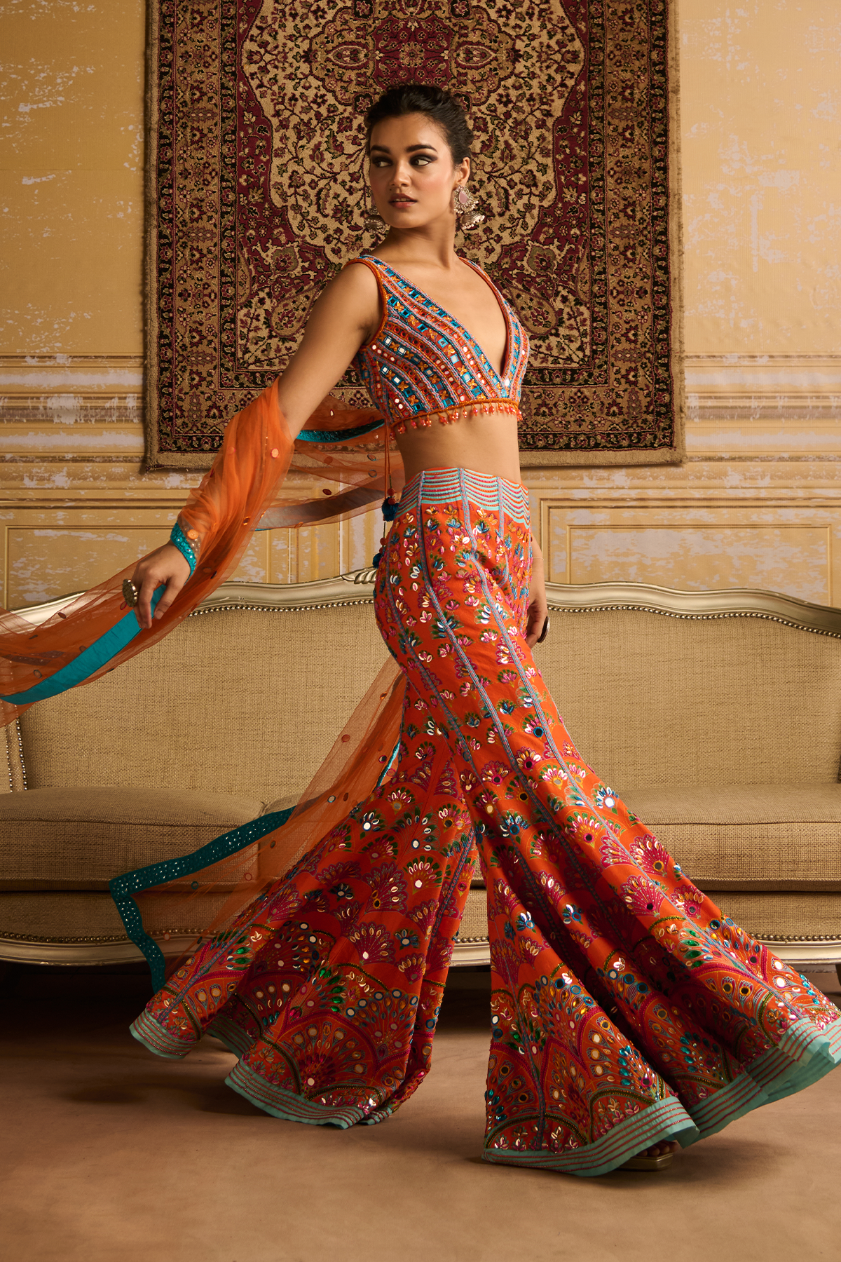 Orange embroidered blouse and  Sharara set