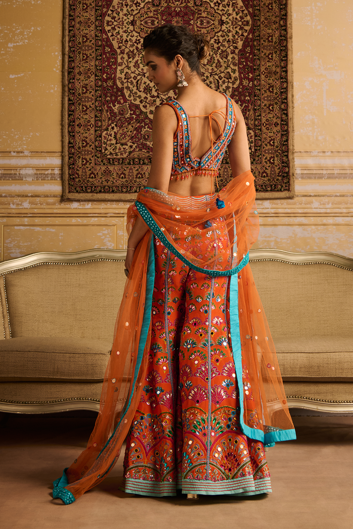 Orange embroidered blouse and  Sharara set