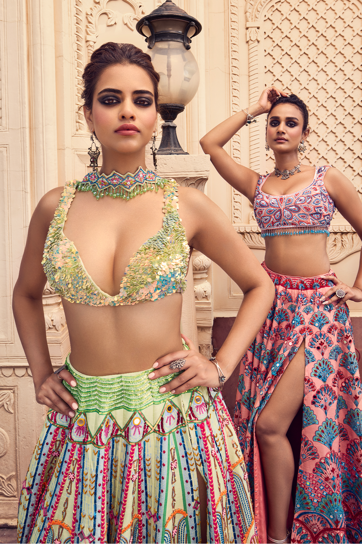 Mint sequins embroidery blouse and Lehenga set