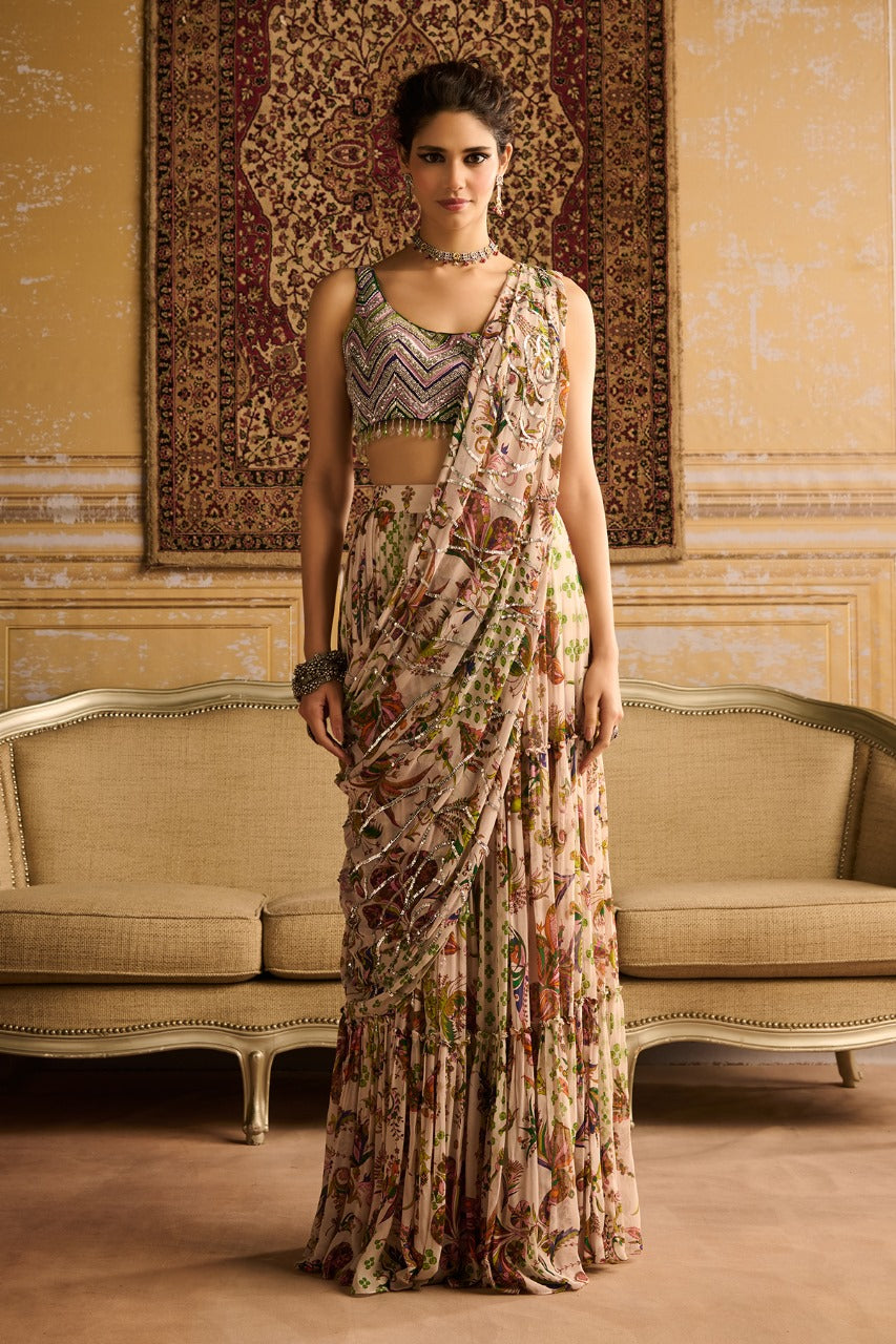 Green print & embroidered skirt saree set