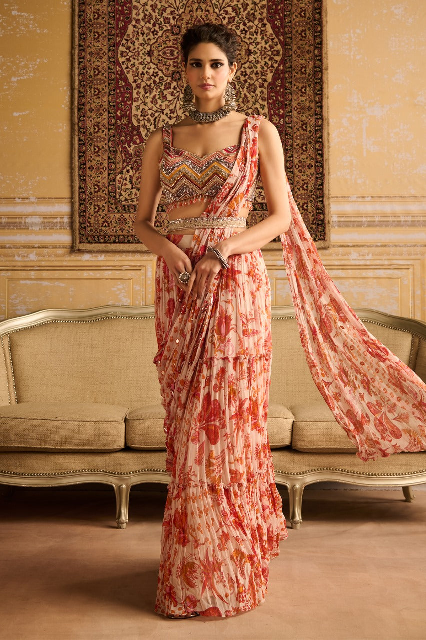 Orange print &  embroidered blouse and skirt saree set