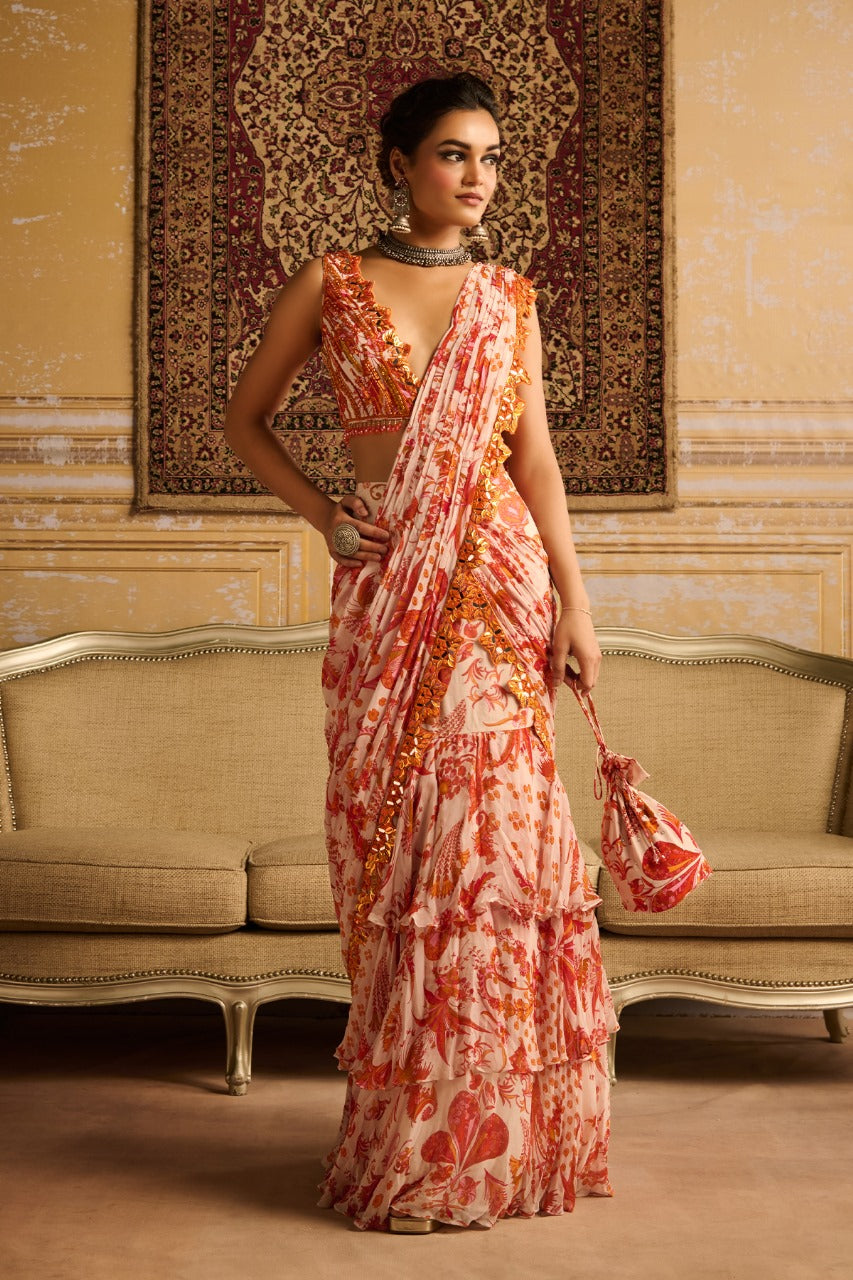 Orange print &  embroidered blouse and skirt saree set