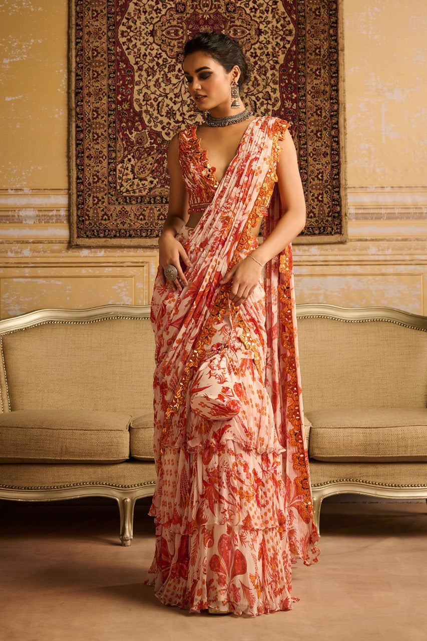 Orange print &  embroidered blouse and skirt saree set