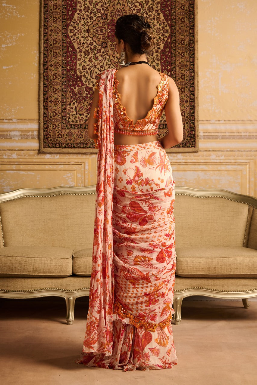 Orange print &  embroidered blouse and skirt saree set