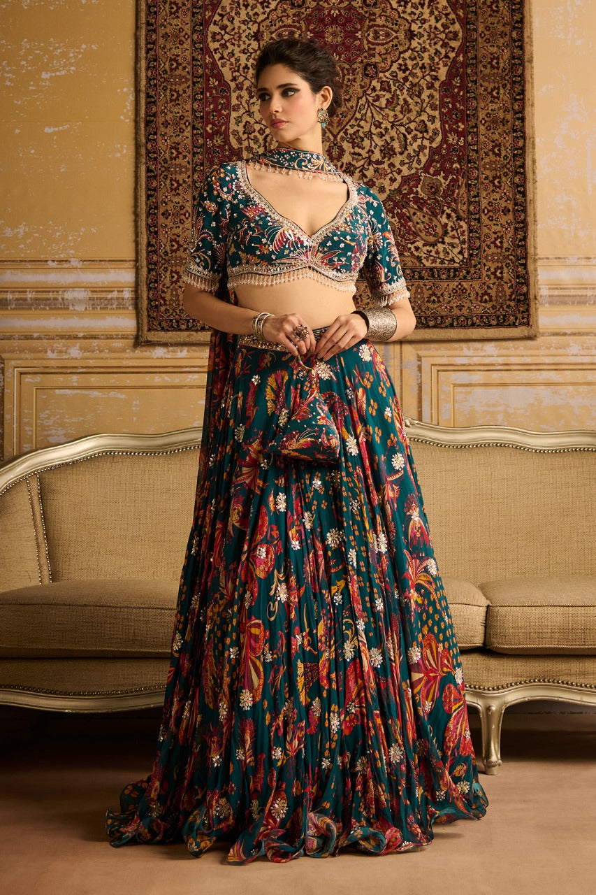 Teal  embroidered blouse and Lehenga set