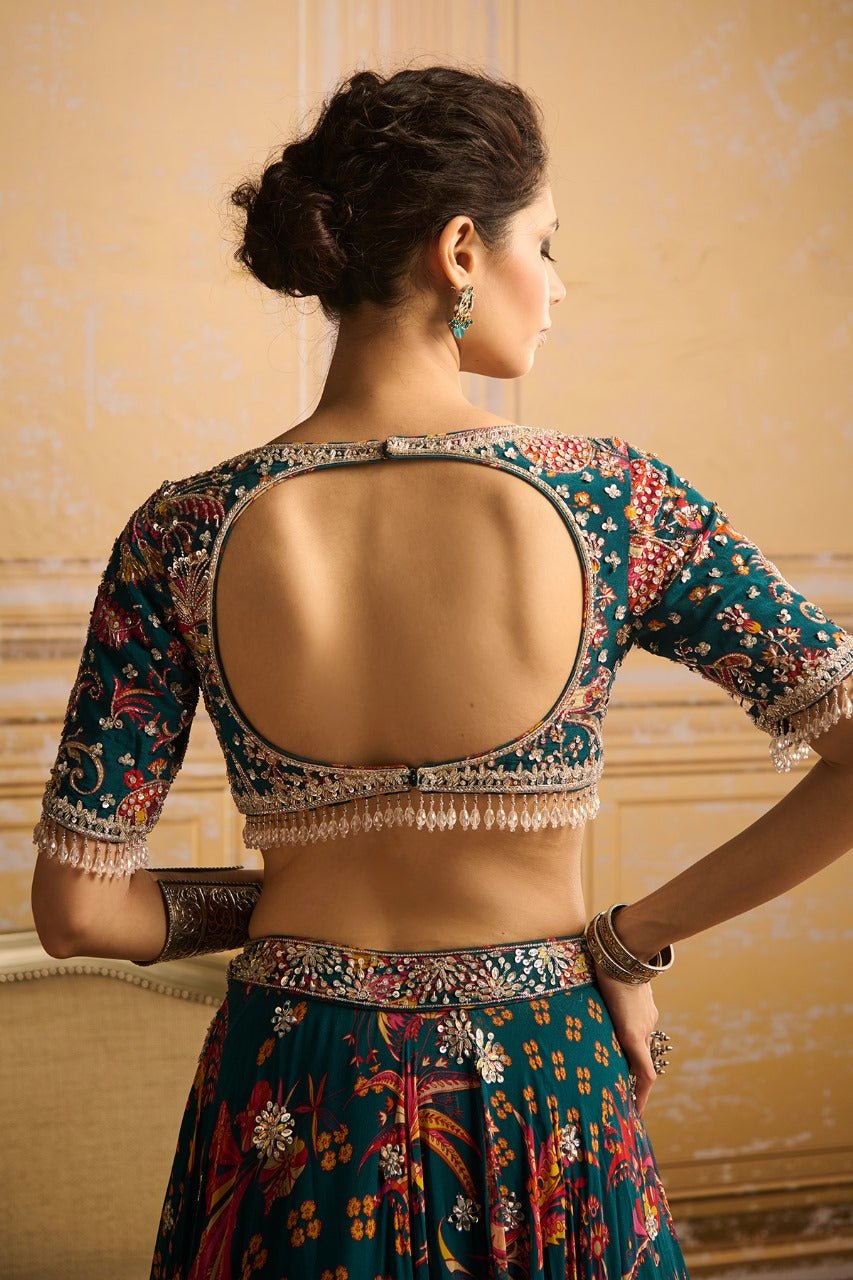 Teal  embroidered blouse and Lehenga set