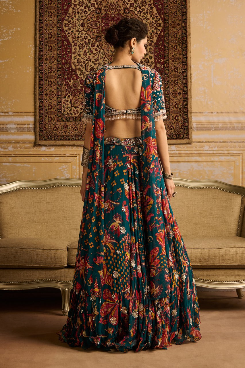 Teal  embroidered blouse and Lehenga set