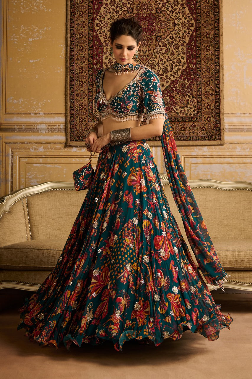 Teal  embroidered blouse and Lehenga set