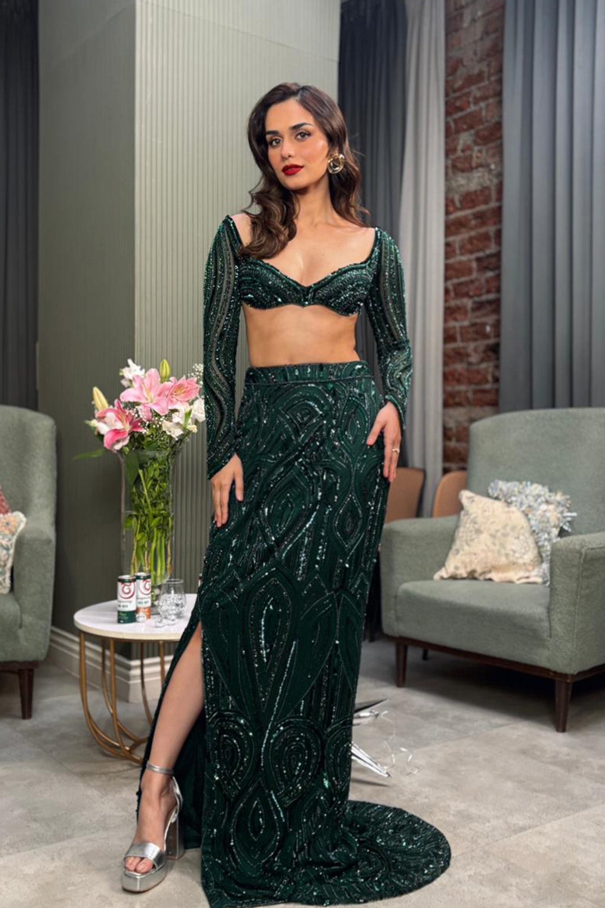 Manushi Chillar In Emerald Green Embellished Slit Skirt Set