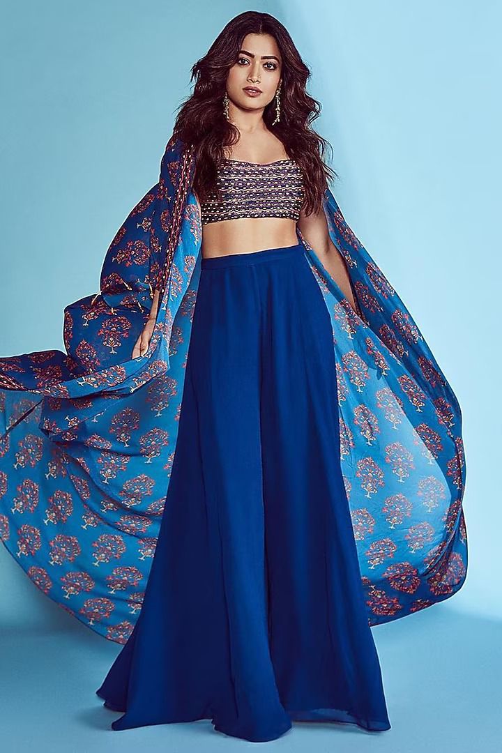 Rashmika Mandanna In Blue Cord & Cutdana Embroidered Bustier Cape Set