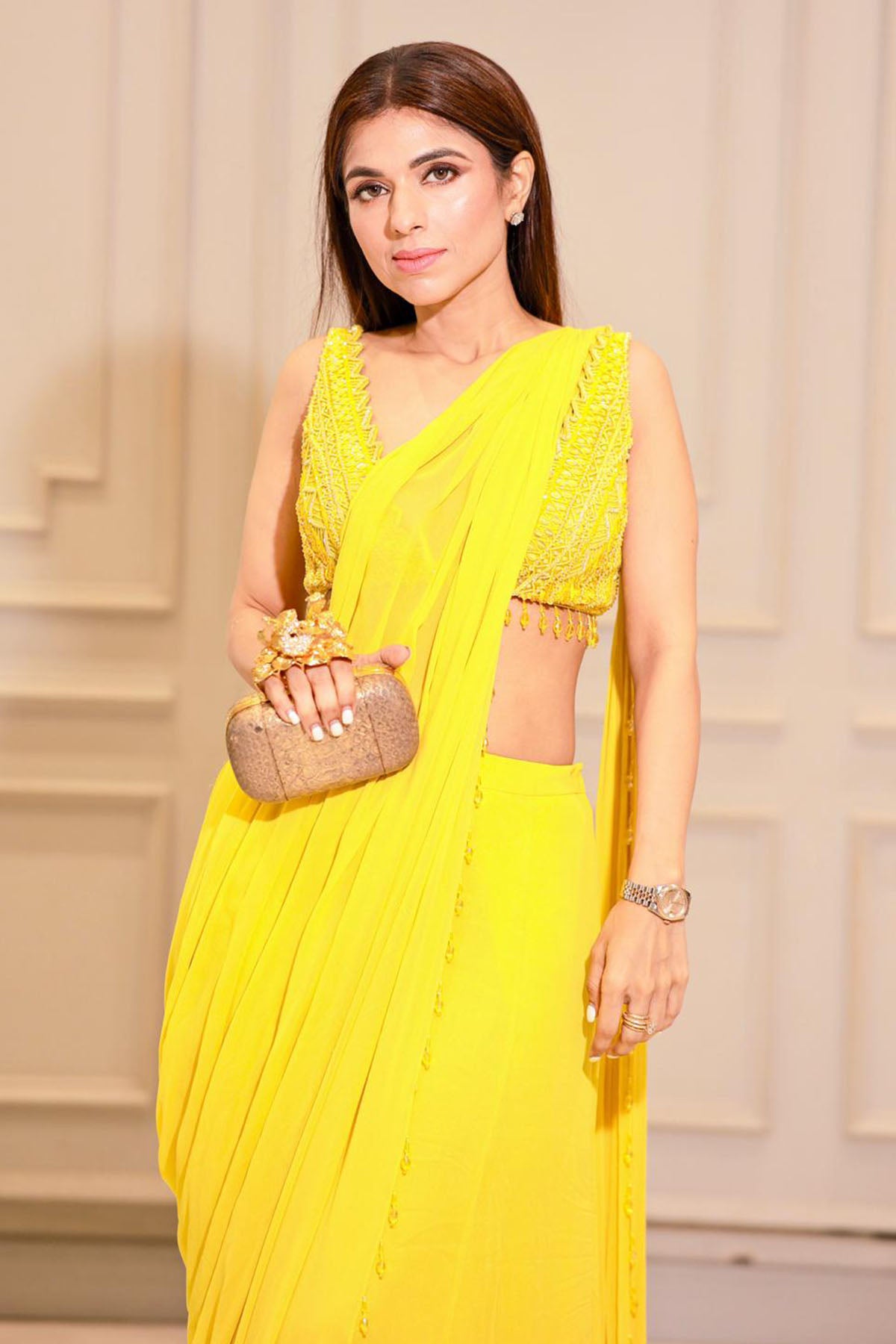 ISHNA BATRA IN YELLOW EMBROIDERED PANT SAREE SET