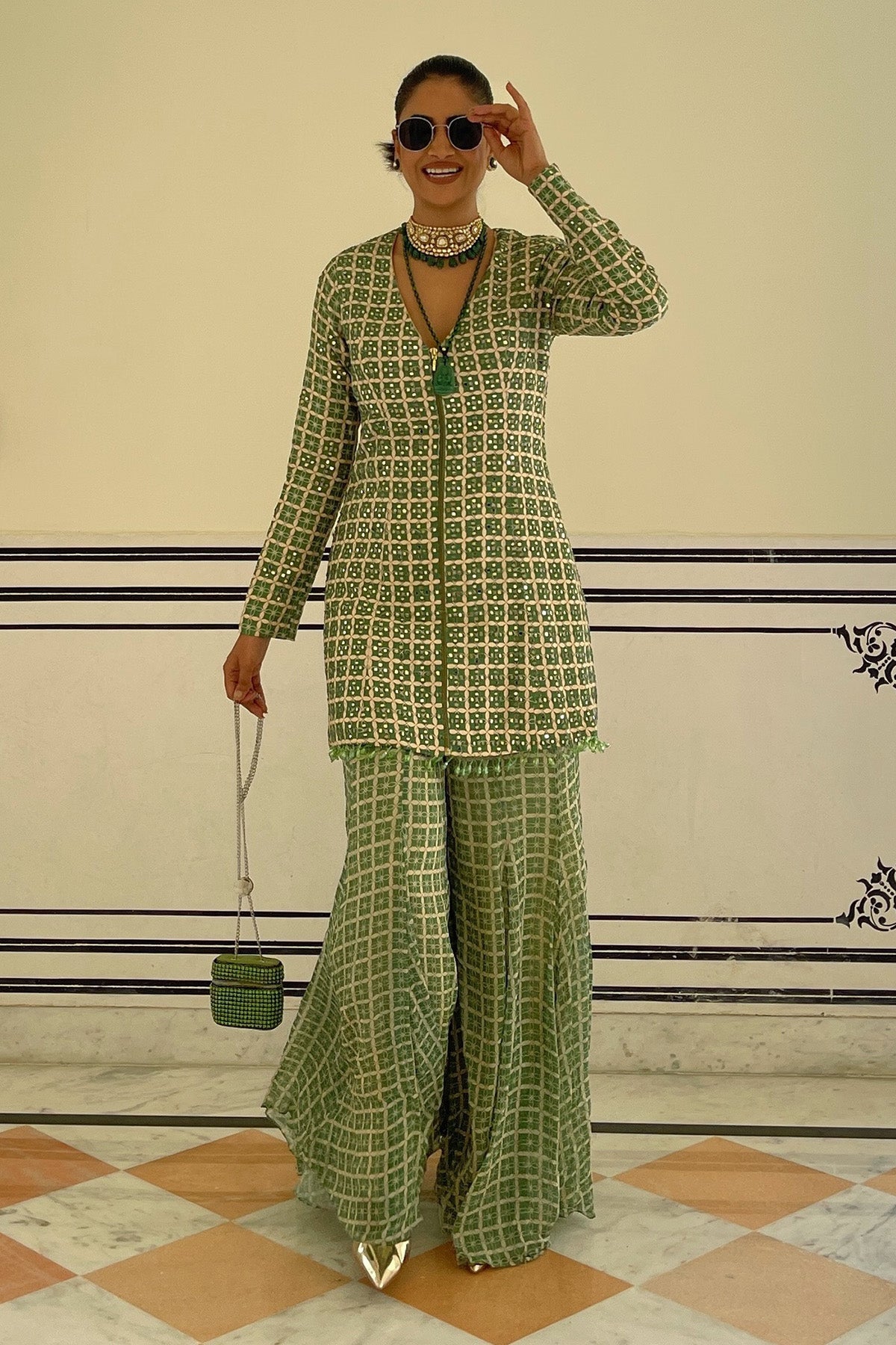 ALISHA PEKHA IN SAGE GREEN GRID PRINT & HIGHLIGHTED JACKET SET