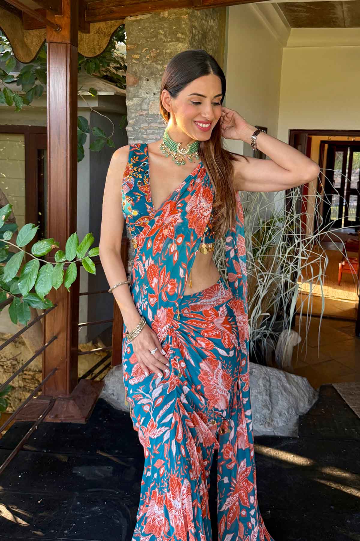 SHRUTI JUNEJA IN TEAL & RUST FLORAL PRINTED SAREE SET