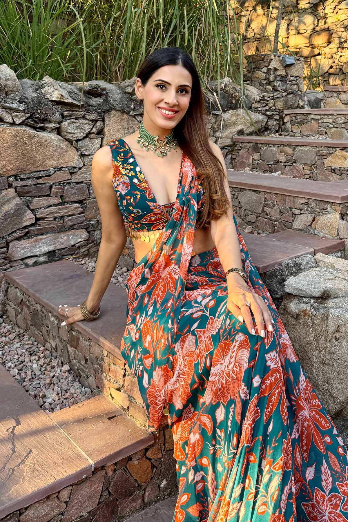 SHRUTI JUNEJA IN TEAL & RUST FLORAL PRINTED SAREE SET