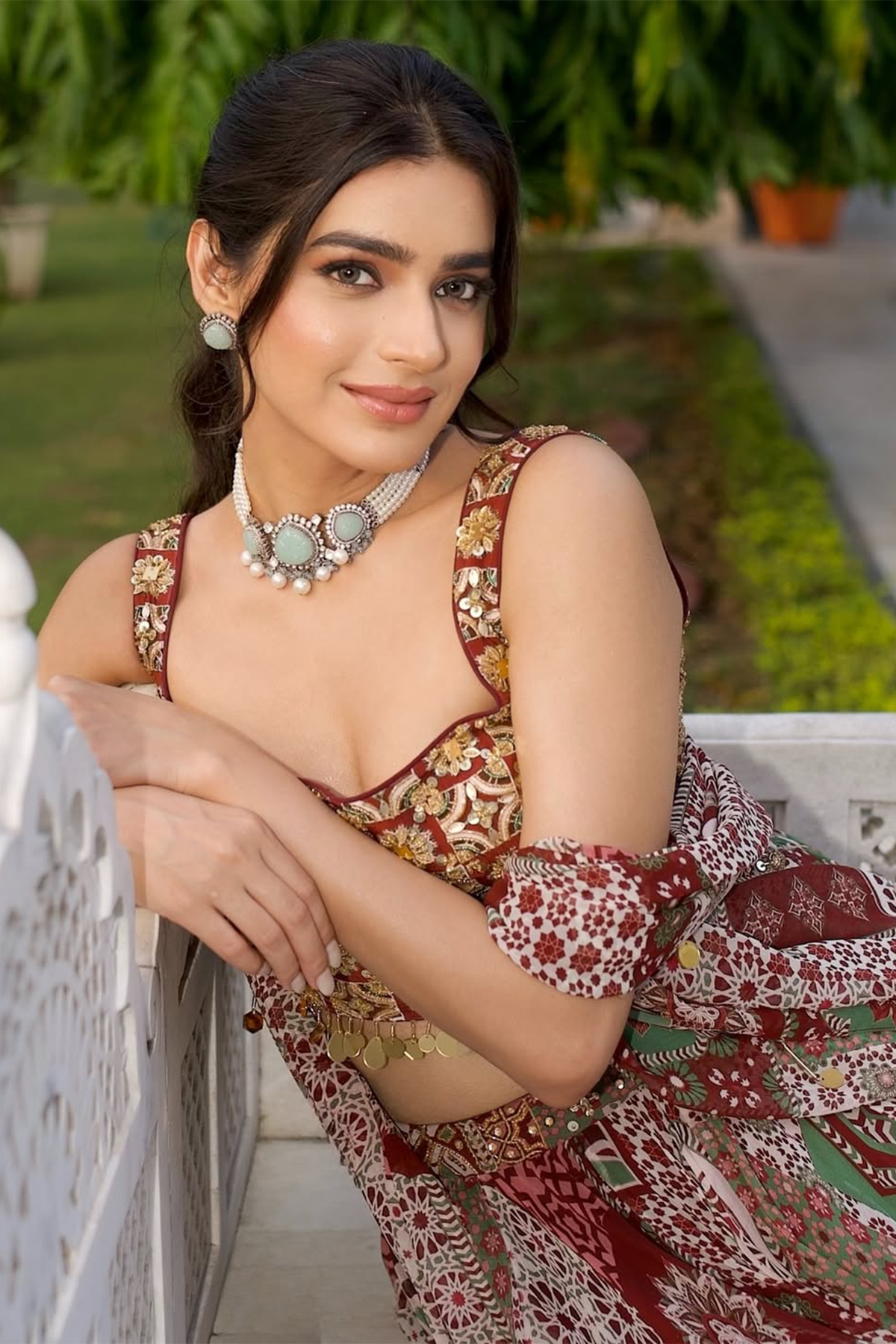 Simran in Sage-Maroon Print And Highlighted Square Neck Blouse With Lehenga Set