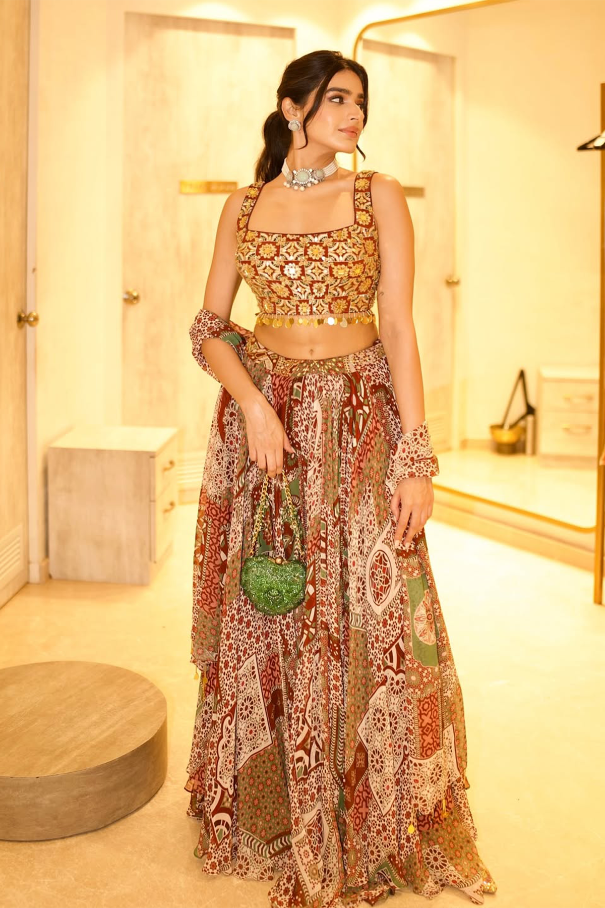 Simran in Sage-Maroon Print And Highlighted Square Neck Blouse With Lehenga Set