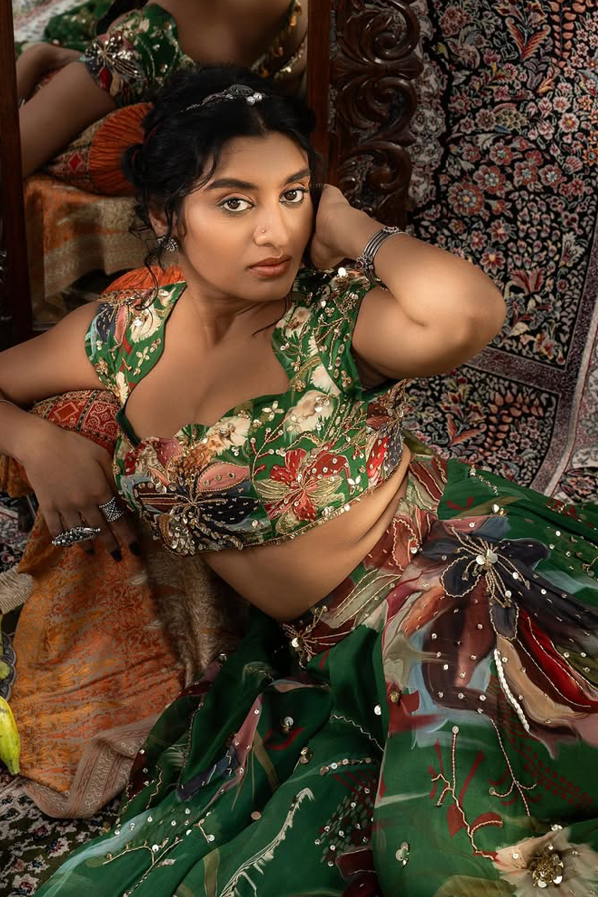 Tasha in Green Floral Print And Highlighted Lehenga Set