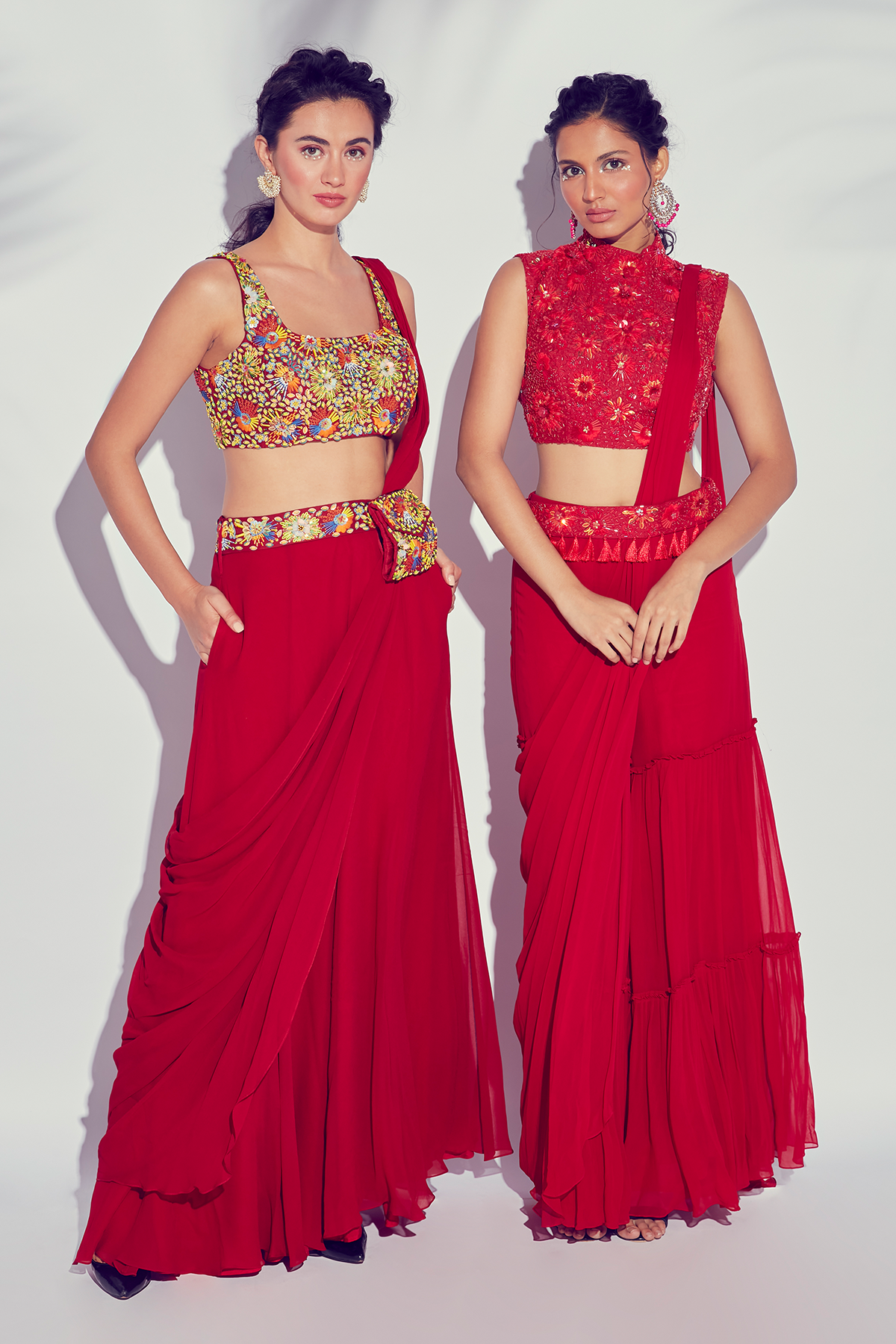 Red Prestitched Tiered Saree With Self on Self 3D Embroidered High Neck Blouse & Embroidered Tassel Belt