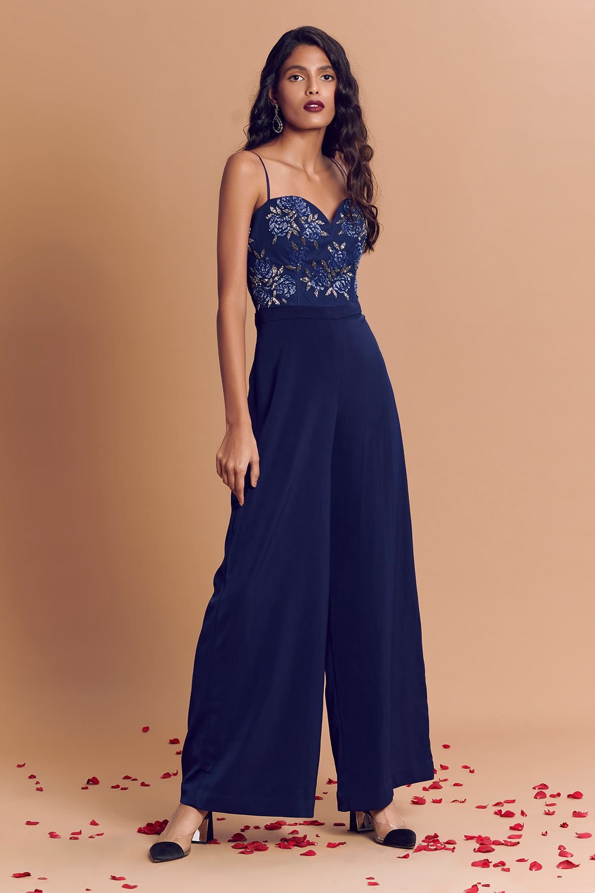 Navy Blue Rose Embroidered Spaghetti Corset Jumpsuit
