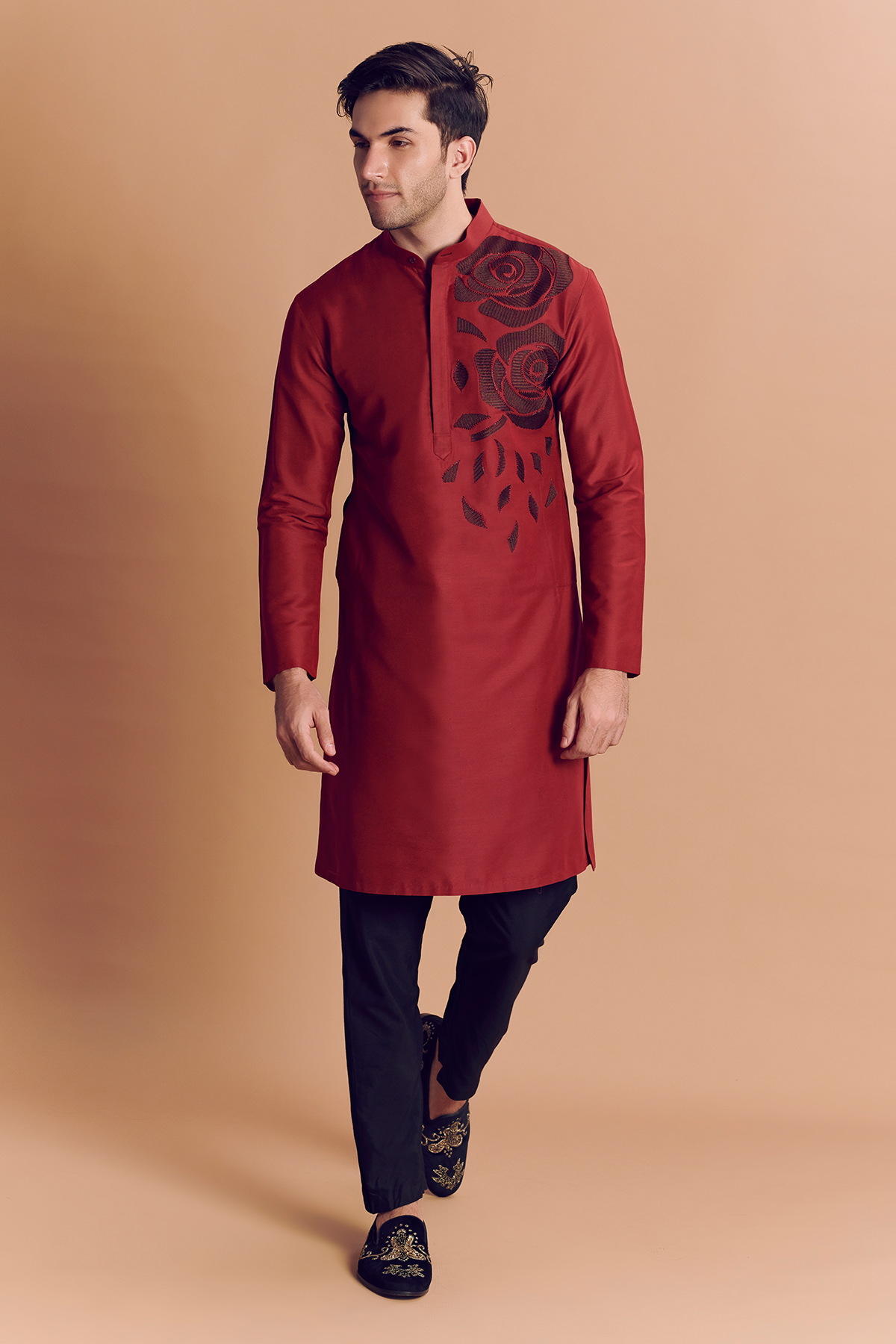 Red Kurta With Rose Embroidery