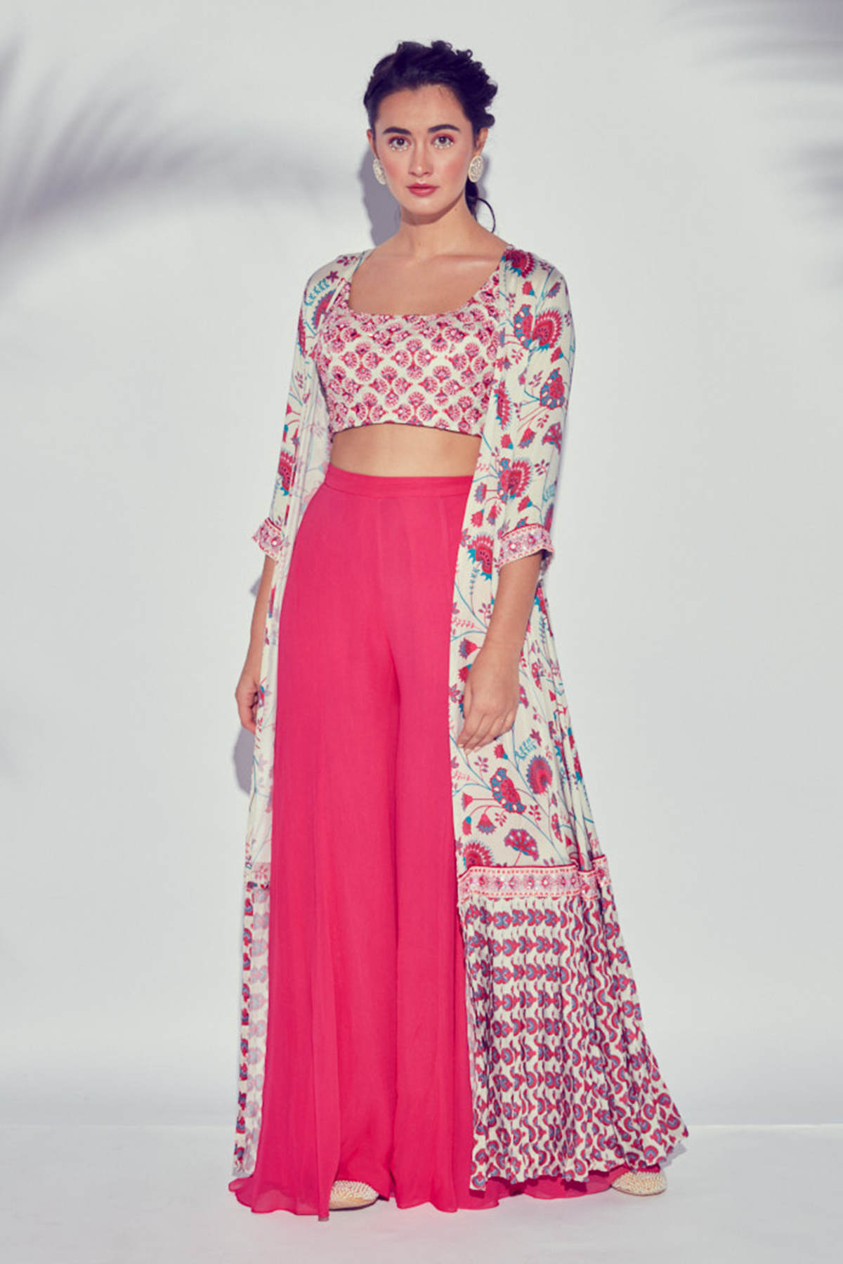 Pink Jaal Printed Jacket With Butta Embroidered Blouse & Sharara