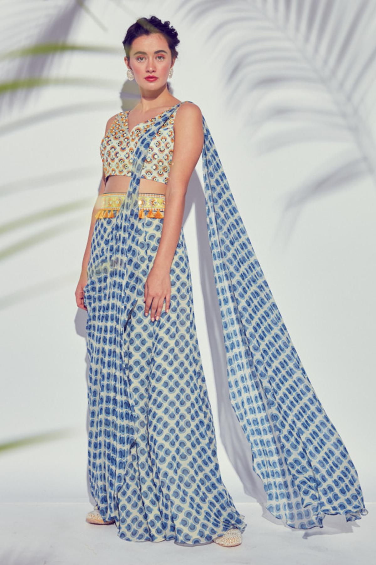 Blue Printed Butta Sharara Saree With V Neck Butta Embroidered Blouse & Embroidered Tassel Belt