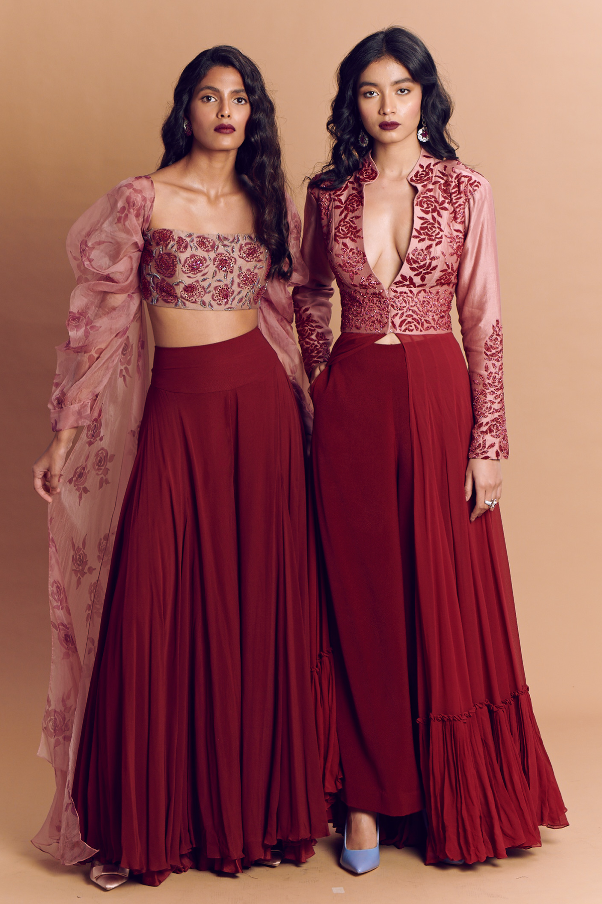Maroon Rosette Embroidered Anarkali With Pant