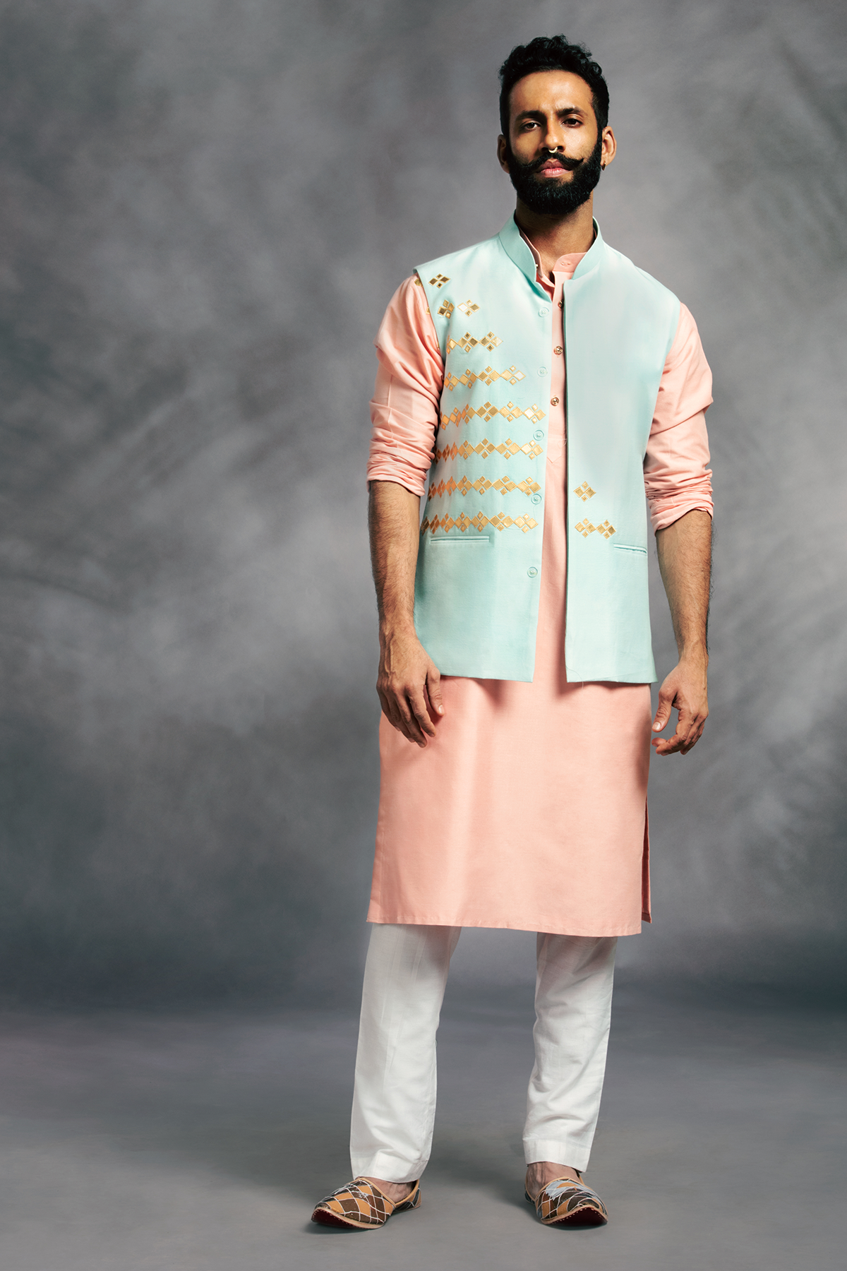 Peach Leather Embroidered Kurta & Powder Blue Leather Embroidered Bundy