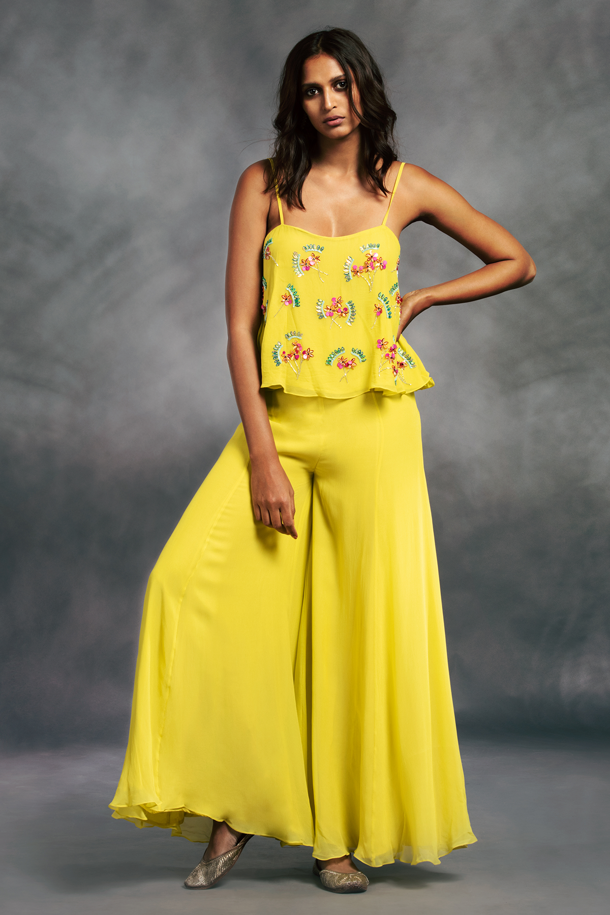 Kaneri Yellow Embroidered Spagetti Crop Top With Flared Pant